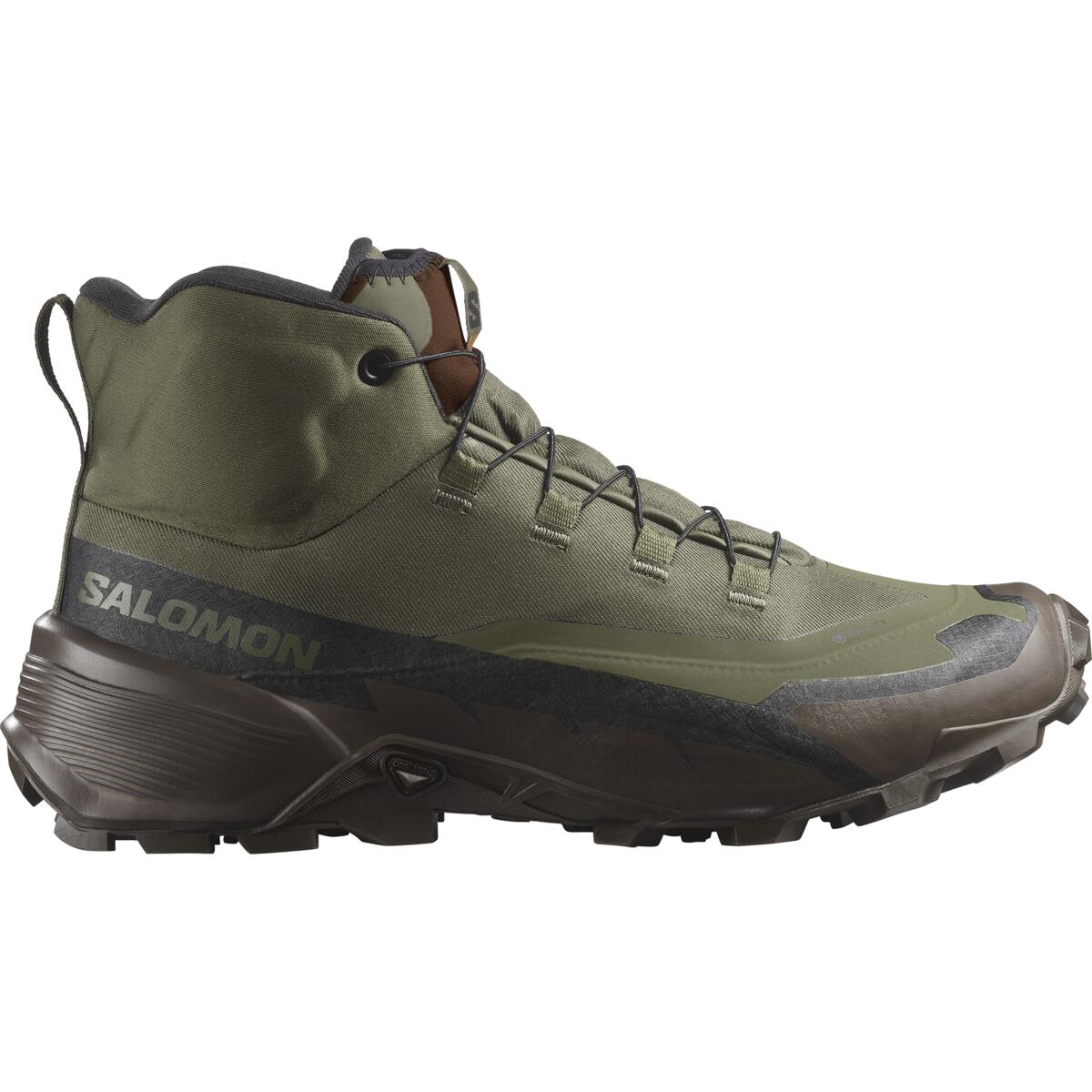 Der SALOMON TRACKER CROSS HIKE TRACKER GTX - Green / Earth Brown ist ein Wanderschuh mit robustem Profil, hohem Knöchelschutz, Schnürverschluss und GORE-TEX Strapazierfähigkeit - ideal für jedes Outdoor-Abenteuer.