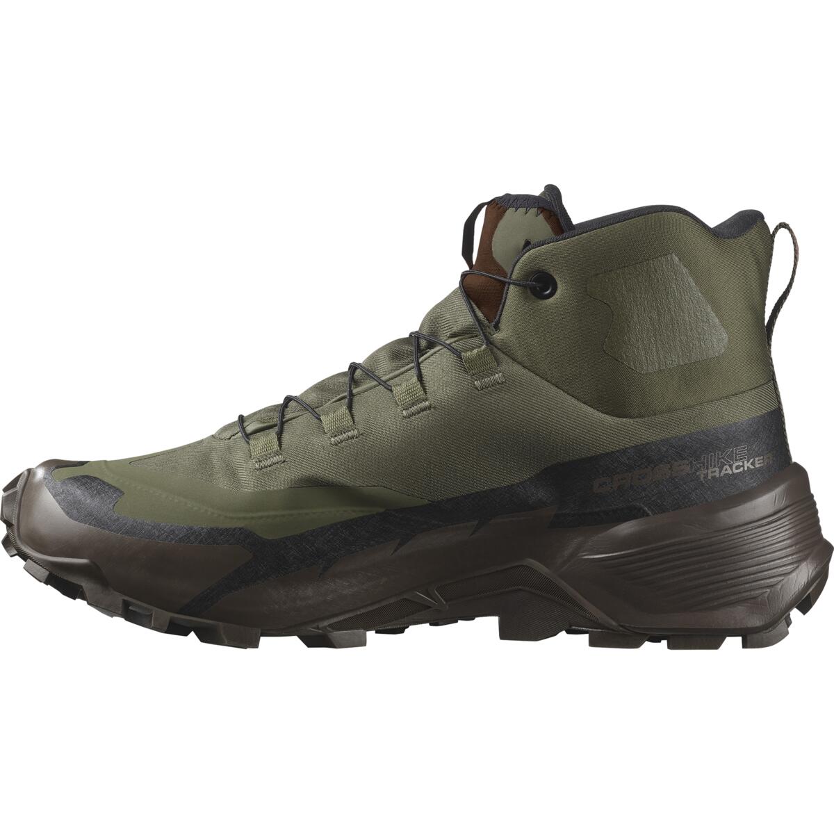 Seitenansicht des Salomon CROSS HIKE TRACKER GTX - Green / Earth Brown von SALOMON TRACKER mit robuster Sohle, verstärktem Zehenbereich und Knöchelschutz - ein idealer GORE-TEX Wanderschuh für Trails und unwegsames Gelände.