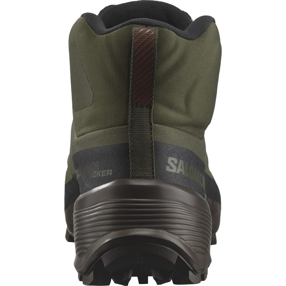 Rückansicht des Salomon CROSS HIKE TRACKER GTX in Grün/Erdbraun mit strukturierter brauner Sohle, Fersendetail und SALOMON TRACKER Branding - der ideale GORE-TEX Wanderschuh für Outdoor-Abenteuer.