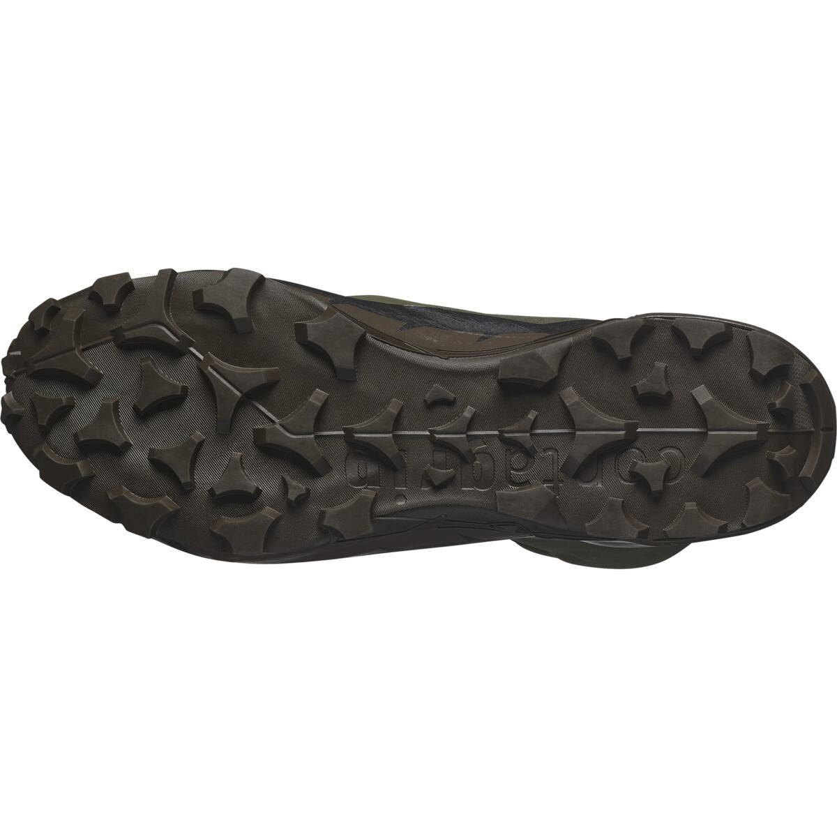 Die robuste Profilsohle des Salomon CROSS HIKE TRACKER GTX in Green/Earth Brown von SALOMON TRACKER verfügt über tiefe, multidirektionale Stollen und ein zentrales Vibram-Logo und bietet so hervorragende Traktion bei GORE-TEX-Wanderabenteuern.