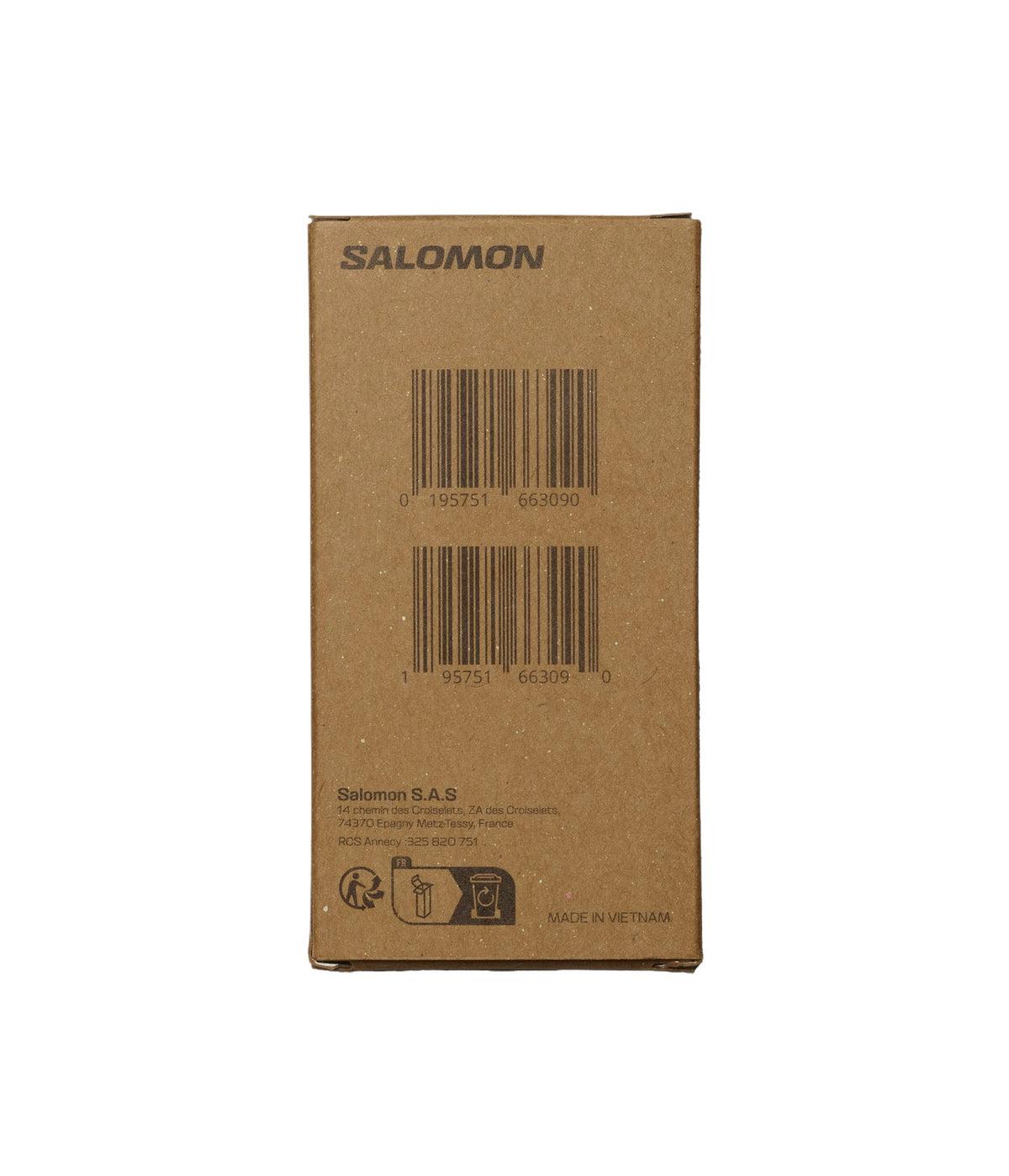 Eine braune Pappschachtel steht aufrecht, mit zwei Strichcodes, SALOMON FORCES oben und Produktinformationen und Symbolen unten - ideal für die Aufbewahrung der Salomon FORCES Spare Lace - Black.