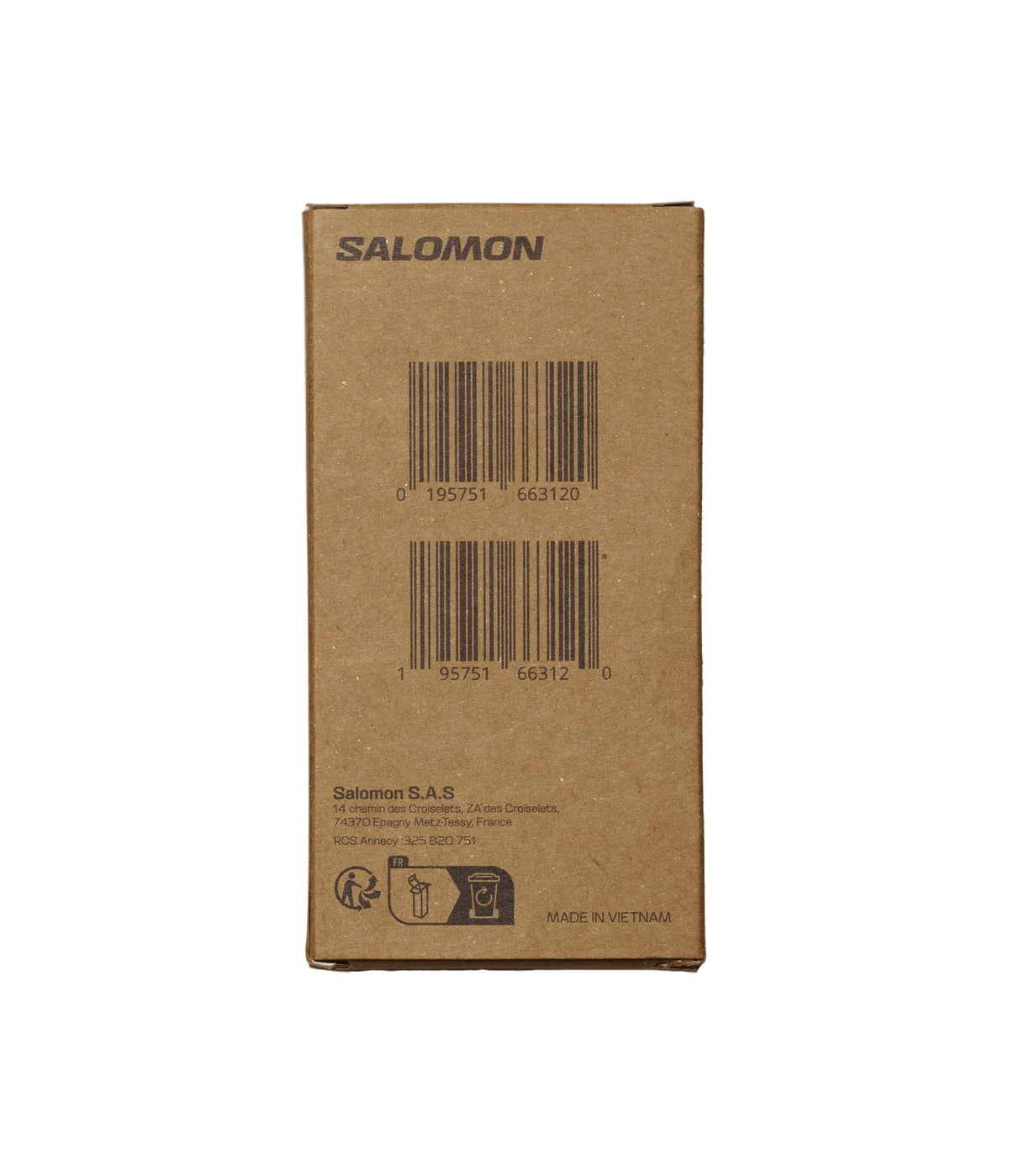 Ein brauner SALOMON FORCES Schuhkarton steht aufrecht und zeigt zwei Barcodes, Recycling- und Entsorgungssymbole sowie Produkt- und Herkunftsangaben in Schwarz - ideal für Outdoor-Stiefel oder zur Aufbewahrung von Salomon FORCES Spare Lace - Coyote.