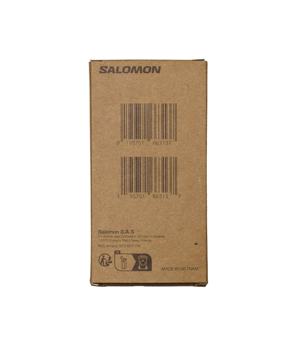 Eine braune Pappschachtel mit SALOMON FORCES oben, zwei Strichcodes in der Mitte und Symbolen für Recycling/Müll unten, Unternehmensinformationen, Text MADE IN VIETNAM und Salomon FORCES Spare Lace - Earth Brown Produktdetails.