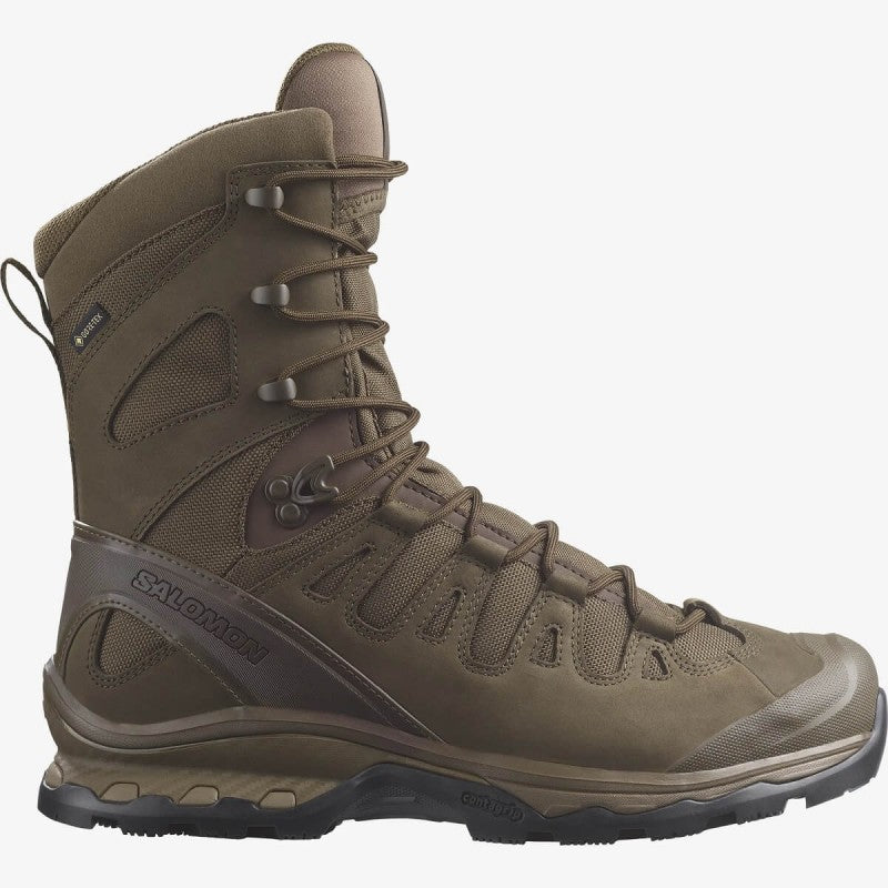 Der SALOMON FORCES QUEST 4D FORCES 2 HIGH GTX DE in Earth Brown ist ein robuster, hoch geschnittener Stiefel mit Schnürverschluss, verstärktem Zehen- und Fersenbereich und einer GORE-TEX Membran für wasserdichten Outdoor-Schutz.