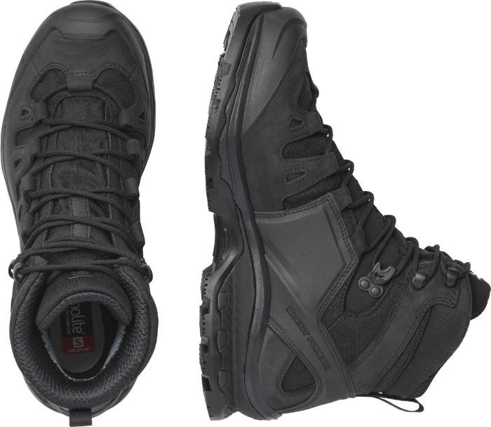 Ein Paar schwarze SALOMON FORCES QUEST 4D GTX FORCES 2 EN Stiefel, eine Draufsicht und eine Seitenansicht, mit strukturierten Sohlen, stützendem Knöchel-Design und haltbarem GORE-TEX Schutz.