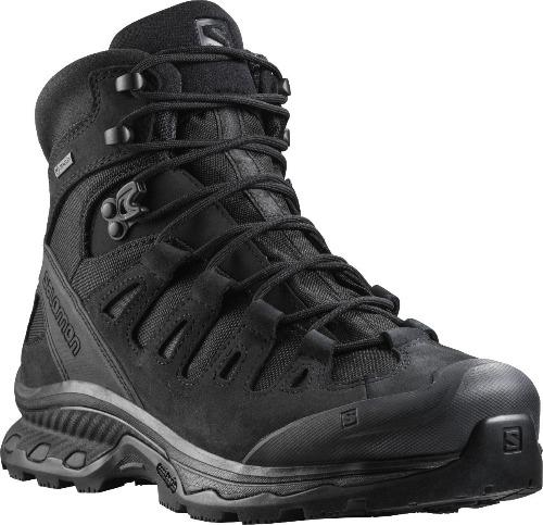 Der Salomon QUEST 4D GTX FORCES 2 DE von SALOMON FORCES ist ein schwarzer, knöchelhoher Wanderschuh mit robustem Profil, sicheren schwarzen Schnürsenkeln, Branding an der Seite und im Zehenbereich und GORE-TEX für Wasserdichtigkeit - gebaut für den zuverlässigen Outdoor-Einsatz.