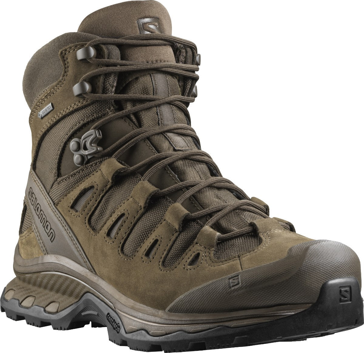 Der SALOMON FORCES QUEST 4D GTX FORCES 2 EN - Earth Brown Stiefel verfügt über ein robustes Profil, ein GORE-TEX Futter, eine verstärkte Zehenpartie, einen hohen Knöchelschutz und langlebige Schnürsenkel - ideal als Einsatzstiefel für den harten Outdoor-Einsatz.