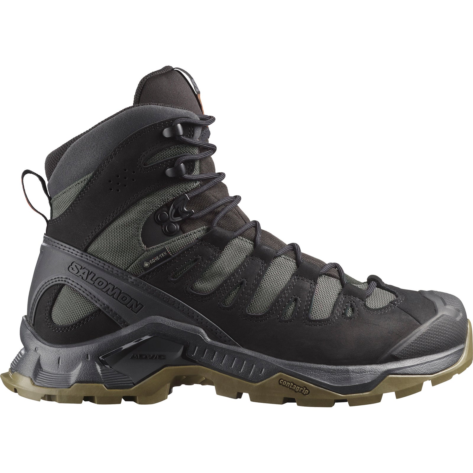 Der SALOMON TRACKER QUEST TRACKER GTX in Black/Asphalt/Coyote ist ein robuster Wanderschuh mit einer robusten Sohle, hohem Knöchelschutz, Mesh-Einsätzen und Schnürsenkeln. Sein Gore-Tex-Schutz macht ihn ideal für Outdoor-Abenteuer.