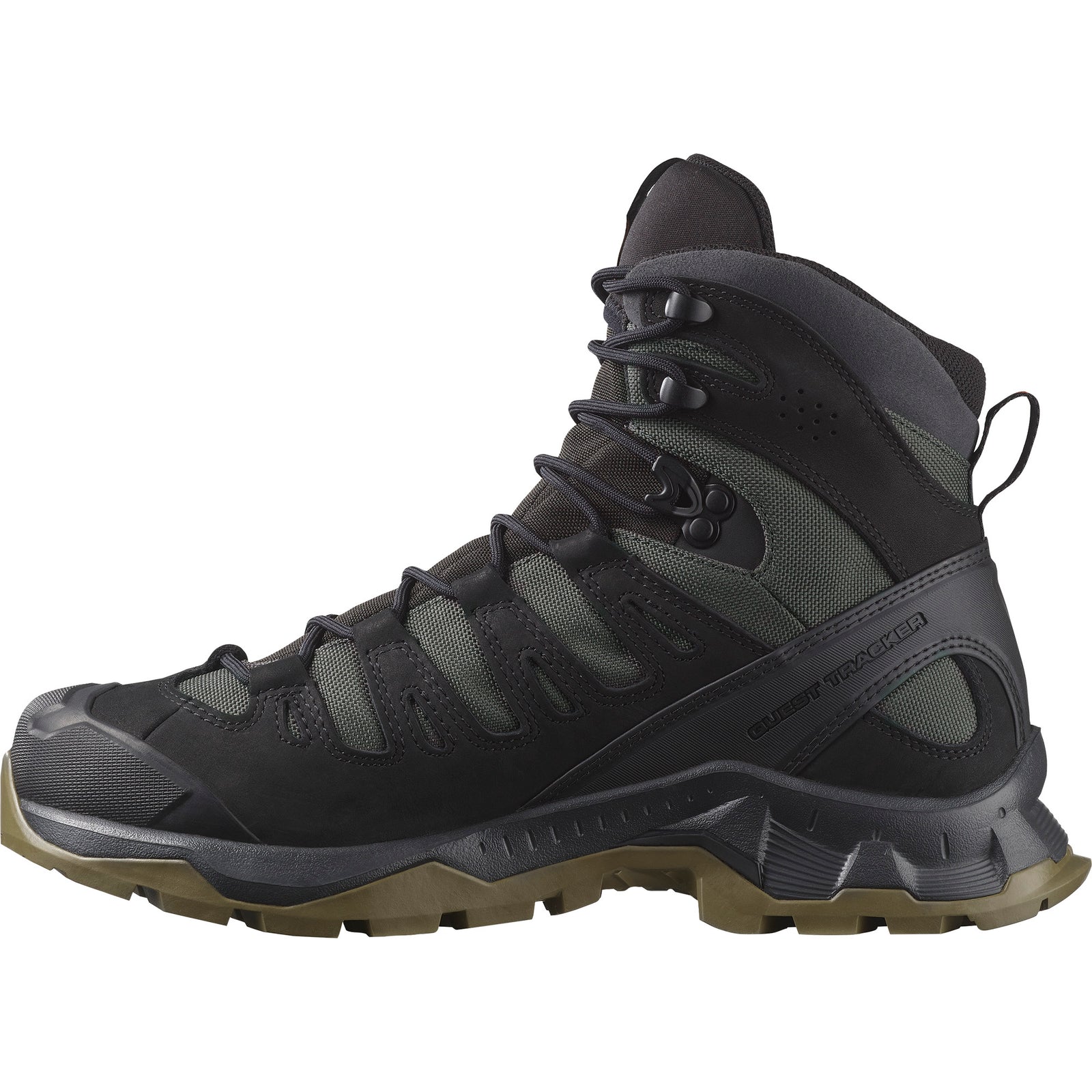 Der SALOMON TRACKER QUEST TRACKER GTX in Schwarz/Asphalt/Koyote verfügt über ein robustes Profil, einen hohen Knöchelschutz, eine Schnürung vorne und eine robuste Konstruktion mit Gore-Tex-Schutz - perfekt für Outdoor-Abenteuer.