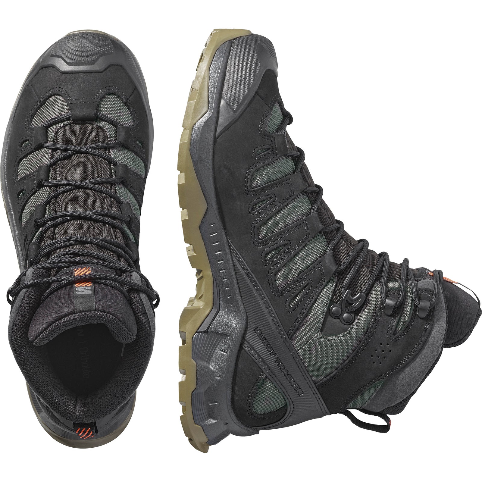 Die von oben und von der Seite gezeigten SALOMON TRACKER QUEST TRACKER GTX Stiefel in Black/Asphalt/Coyote verfügen über robuste Sohlen und strapazierfähiges Gore-Tex-Material, das ideal für Outdoor-Abenteuer ist.