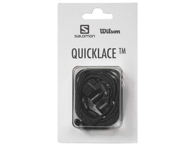 Ein Salomon Quicklace Kit von SALOMON FORCES enthält ein aufgerolltes schwarzes Quicklace-System für Schuhe, das durch ein durchsichtiges Kunststofffenster in der unteren Hälfte der Verpackung sichtbar ist.