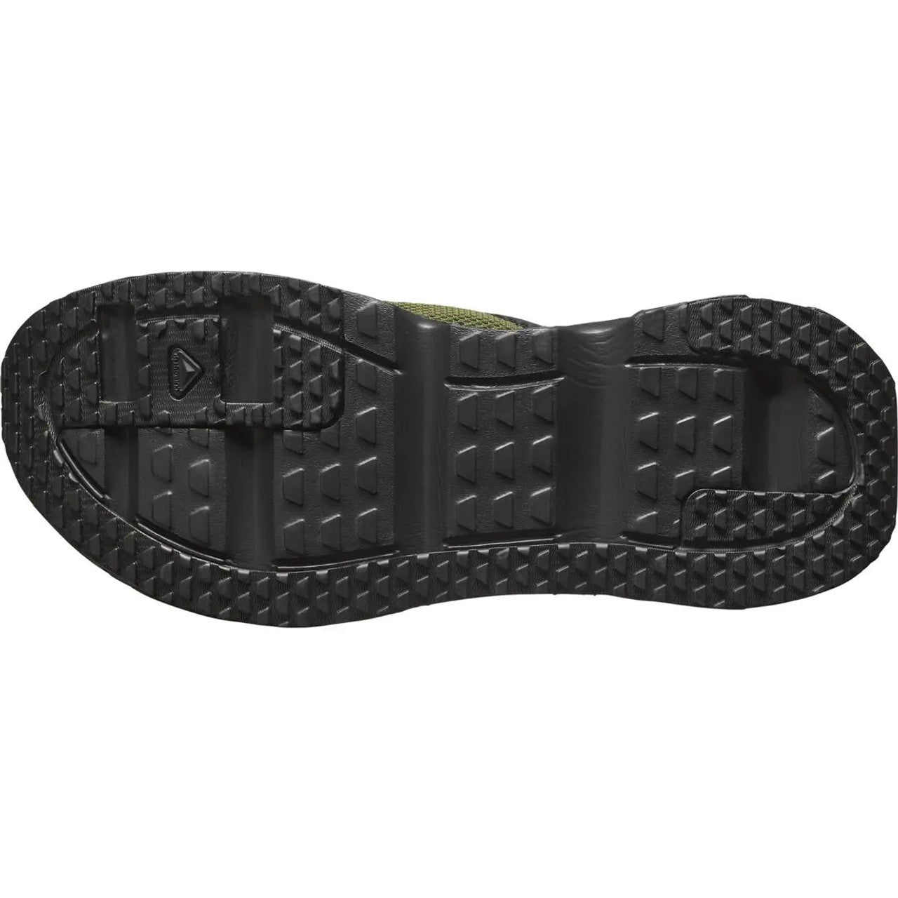 Das Bild zeigt die schwarze Sohle der SALOMON FORCES RX BREAK FORCES in Olive Night/Black, die ein robustes Profil mit rechteckigen und dreieckigen Formen für Traktion aufweist - ideal für Erholungssandalen.