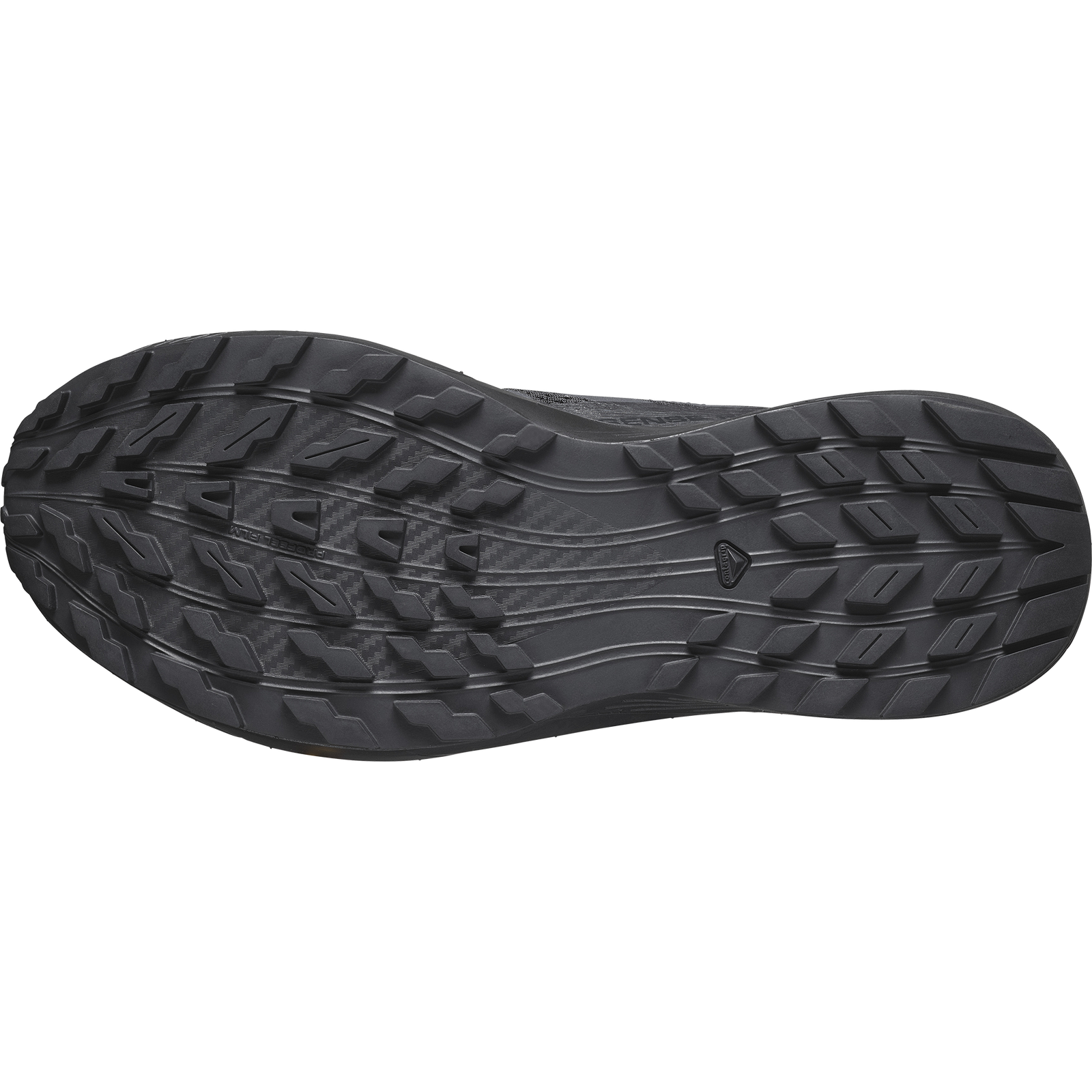 Unterseite der SALOMON FORCES Salomon SENSE RIDE 5 SR - Black Laufsohle mit aggressiven, multidirektionalen Stollen, einer zentralen Platte mit Karbonfaserstruktur und All Terrain Contagrip für besseren Grip auf unebenem Gelände.