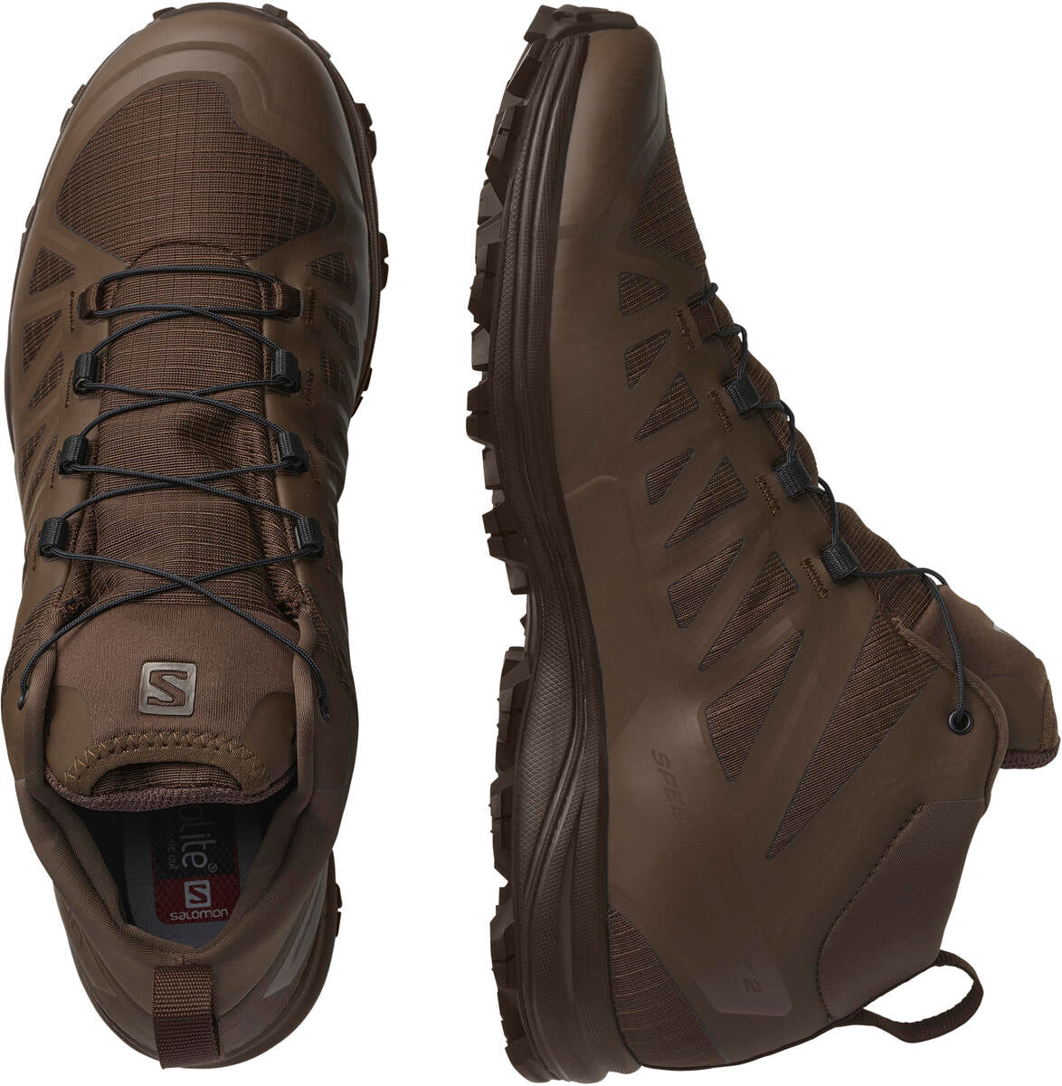 Der Salomon SPEED ASSAULT 2 in Earth Brown von SALOMON FORCES wird von oben und von der Seite gezeigt. Diese Schuhe haben eine robuste Sohle, schwarze Schnürsenkel und eine robuste Konstruktion für Outdoor-Abenteuer.