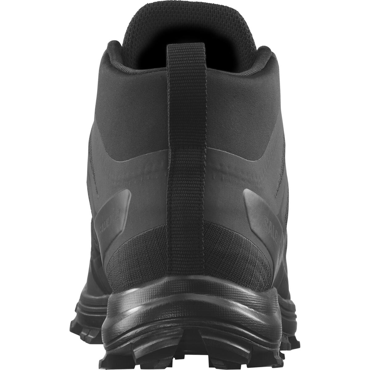 Rückansicht des Salomon SPEED ASSAULT 2 GTX - Black von SALOMON FORCES, ein Trailrunning-Schuh mit strukturierter Sohle, verstärkter Ferse und Zuglasche für einfaches Tragen - der perfekte GORE-TEX Gelände Schuh für jedes Abenteuer.