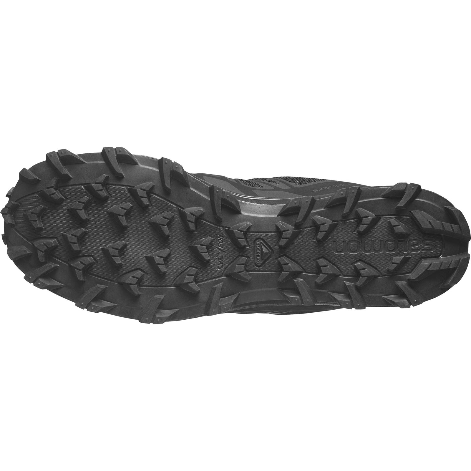 Das Bild zeigt die schwarze Gummilaufsohle des SALOMON FORCES Salomon SPEED ASSAULT 2 GTX - Black, die mit aggressiven, multidirektionalen Stollen für Traktion auf unwegsamem Gelände sorgt. Das Salomon-Logo ist auf der rechten Seite sichtbar.