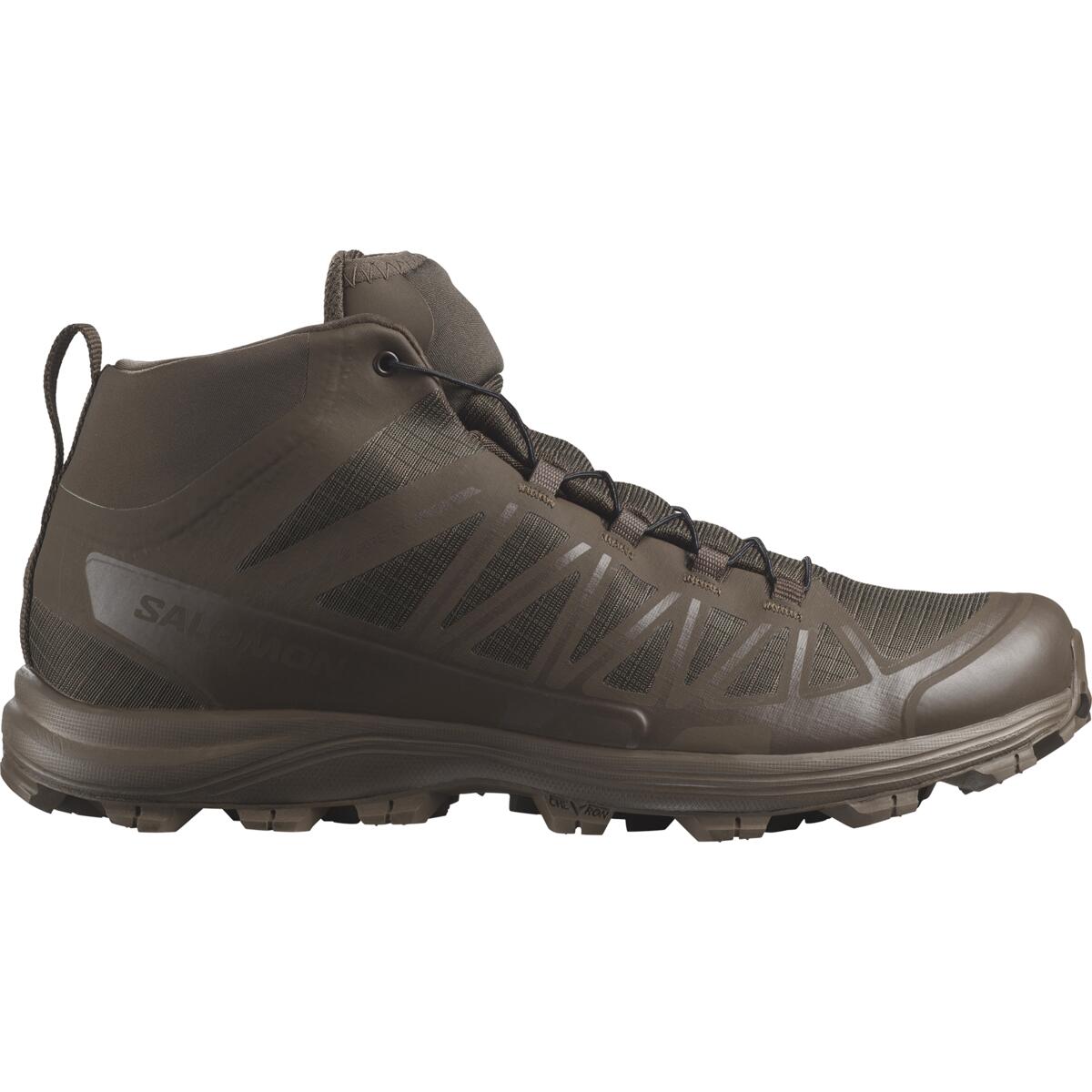 Der Salomon SPEED ASSAULT 2 GTX - Earth Brown von SALOMON FORCES ist ein mittelhoher Wanderschuh mit robustem Profil, Mesh- und Synthetik-Overlays, Schnürverschluss, Zuglasche an der Ferse und verstärkter Zehenkappe für Langlebigkeit.