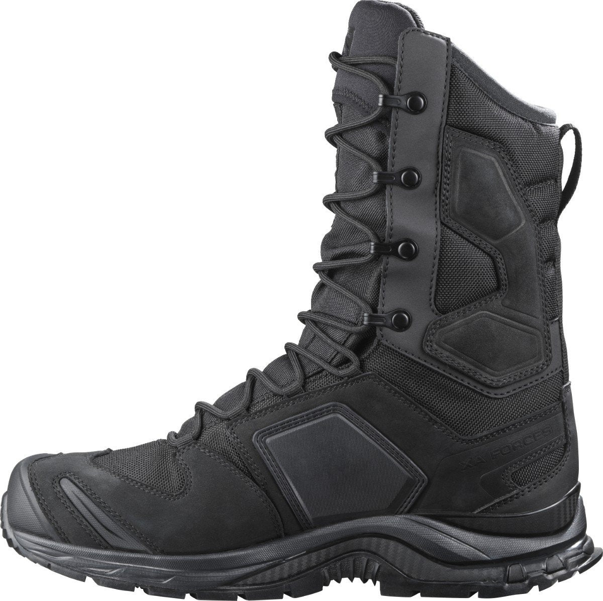 Der SALOMON FORCES XA FORCES 8" GTX EN - Black ist ein taktischer Stiefel mit hohem Knöchel, robuster Sohle, verstärkten Einsätzen und Schnürung, der für den Einsatz in anspruchsvollen Outdoor- oder Militärumgebungen konzipiert ist.