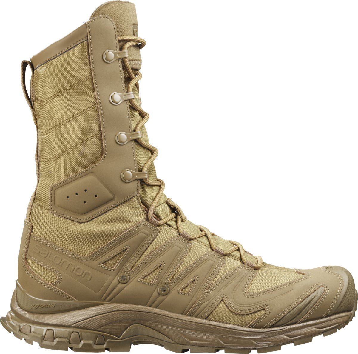 Der Salomon XA FORCES JUNGLE - Coyote Brown von SALOMON FORCES verfügt über eine robuste Gummisohle, ein Obermaterial aus Mesh/Synthetik, eine verstärkte Zehenpartie, eine Schnürung vorne und ist für den Einsatz im Freien oder beim Militär konzipiert.