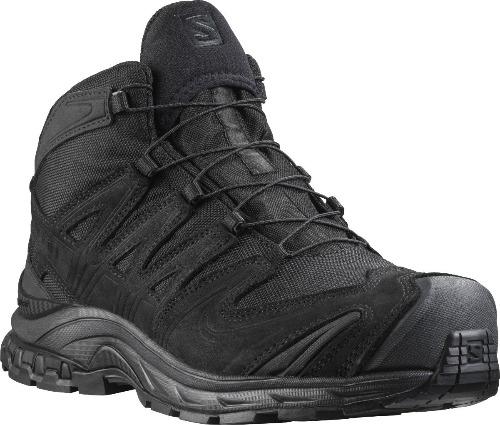 Der SALOMON FORCES XA FORCES MID GTX EN - Black ist ein robuster, wasserdichter, knöchelhoher Schuh mit strukturierter Sohle, verstärktem Zehenbereich und Schnellschnürsystem - ideal für den robusten Outdoor-Einsatz bei Militär und Polizei.
