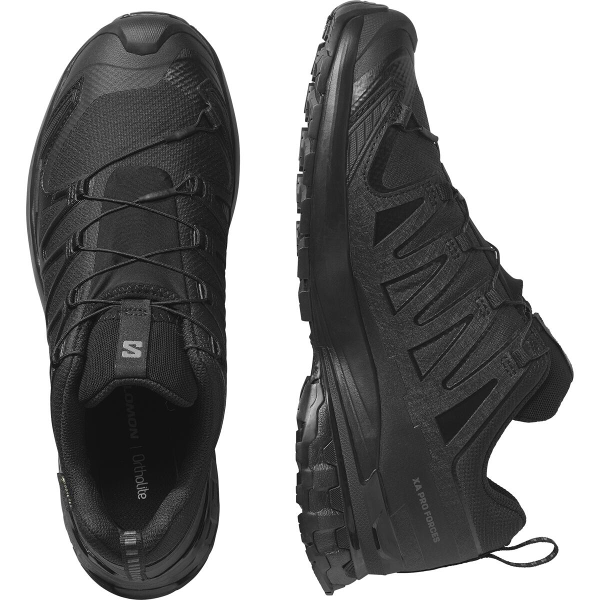 Die Ober- und Seitenansicht des schwarzen Salomon XA PRO FORCES GTX von SALOMON FORCES zeigt das Obermaterial aus GORE-TEX-Mesh, die strukturierte Sohle und das Schnellschnürsystem - ideal als taktischer Schuh für den rauen Outdoor-Einsatz.