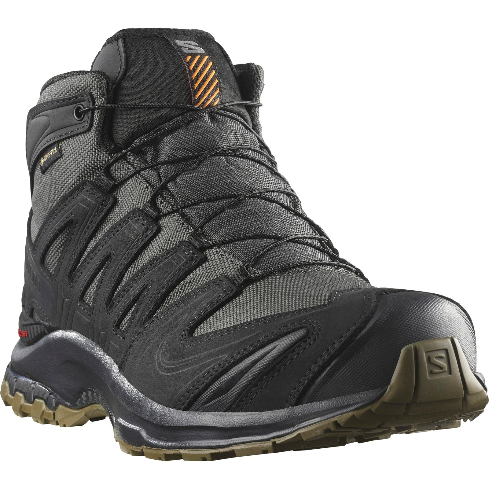 Der SALOMON TRACKER XA TRACKER GTX in Black/Asphalt/Coyote ist ein wasserdichter Outdoor-Schuh mit Gore-Tex-Imprägnierung, orangefarbener Zuglasche, schwarzen Schnürsenkeln und robuster Gummilaufsohle.