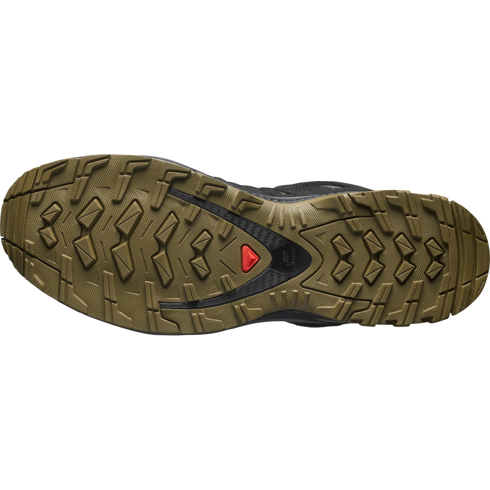 Das Bild zeigt die Sohle des SALOMON TRACKER XA TRACKER GTX in Black/Asphalt/Coyote mit grün-braunem Profil, rotem Dreieck am Mittelfuß und tiefen multidirektionalen Stollen für optimale Traktion.