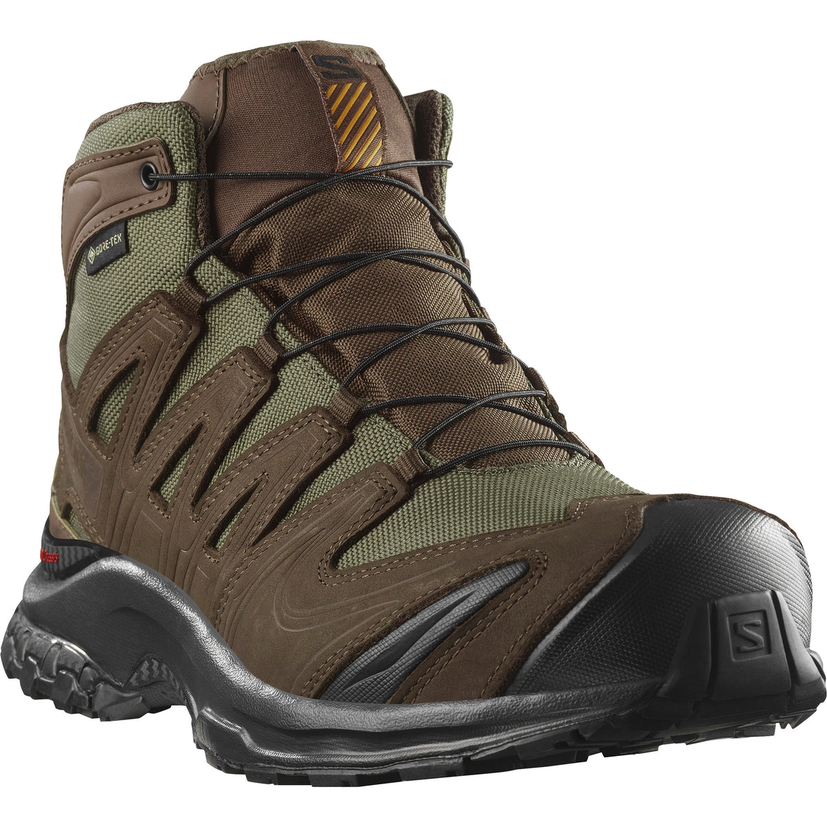 Der SALOMON TRACKER XA TRACKER GTX in braun/oliv/schwarz verfügt über schwarze Schnürsenkel, ein robustes Profil und einen verstärkten Zehenbereich und bietet wasserdichten Gore-Tex-Schutz - perfekt für Outdoor-Abenteuer.