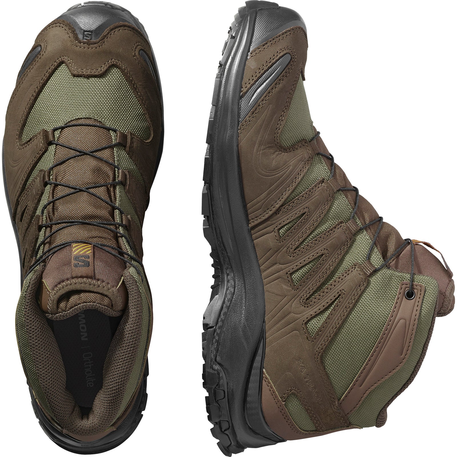 Die SALOMON TRACKER XA TRACKER GTX Wanderstiefel in Braun/Olive/Schwarz werden von oben und von der Seite gezeigt. Hervorzuheben sind die Mesh-Einsätze, die strapazierfähigen Overlays, die Gore-Tex-Membran, die schwarzen Sohlen und das Schnellschnürsystem für wasserdichte Leistung.