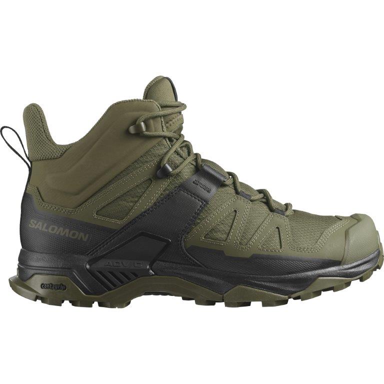 Der SALOMON FORCES Salomon X ULTRA FORCES MID - Ranger Green zeigt sich im Seitenprofil mit schwarzen Akzenten, robustem Profil, Mesh- und Synthetik-Einsätzen, einer verstärkten Zehenpartie und einem Schnürverschluss auf weißem Grund.