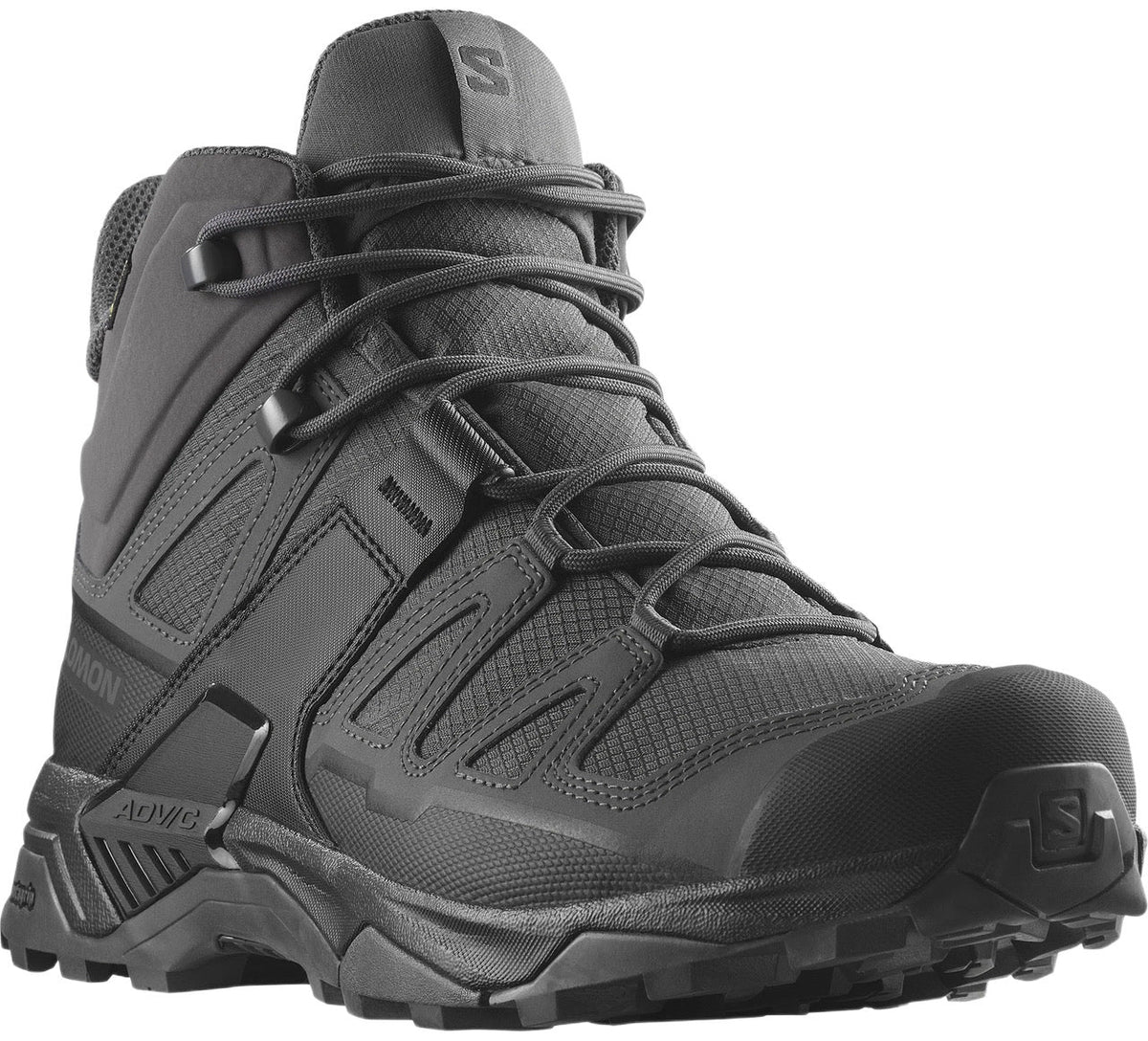 Der SALOMON FORCES X ULTRA FORCES MID GTX - Wolf ist ein grauer, wasserdichter Wanderschuh mit GORE-TEX, hohem Knöchelhalt, robustem Profil, Mesh- und Synthetik-Overlays, detaillierten Nähten und einer dicken Sohle für hervorragenden Grip.