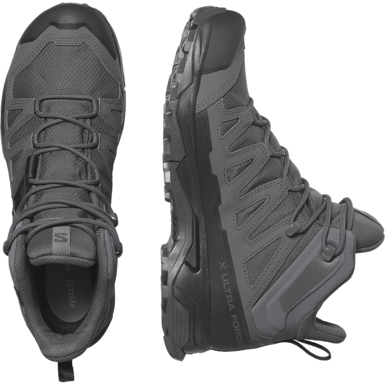 Ein Paar SALOMON FORCES Salomon X ULTRA FORCES MID GTX - Wolf Schuhe wird in einer Draufsicht und einer Seitenansicht gezeigt. Hervorzuheben sind die robusten Sohlen, das Mesh-Obermaterial zum Schnüren und die GORE-TEX Strapazierfähigkeit.