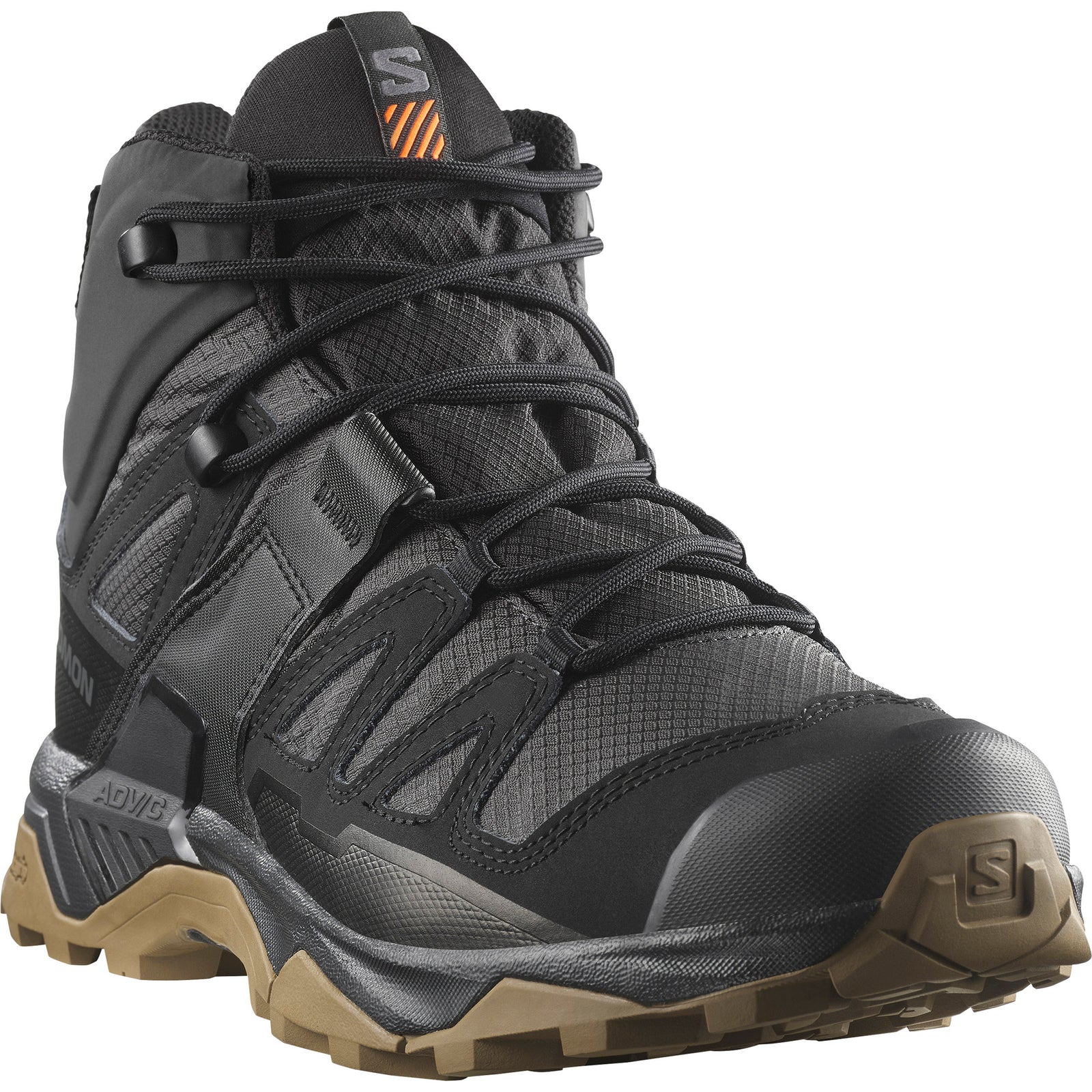 Der SALOMON TRACKER X ULTRA TRACKER GTX - Black/Asphalt/Coyote ist ein Wanderstiefel mit robuster Sohle, Gore-Tex-Futter, stabiler Konstruktion, detaillierten Nähten und Schnürung vorne - ideal für einen Outdoor-Schuh.