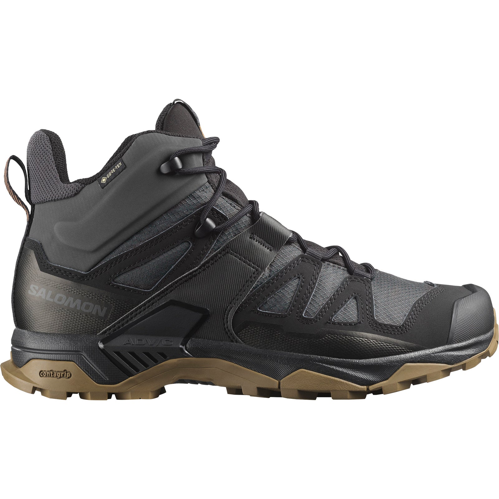 Der SALOMON TRACKER X ULTRA TRACKER GTX in Black/Asphalt/Coyote ist ein mittelhoher Outdoor-Schuh mit Mesh- und Synthetik-Overlays, robuster brauner Sohle, Gore-Tex-Imprägnierung, Schnürverschluss und Salomon-Branding für Halt und Haltbarkeit.