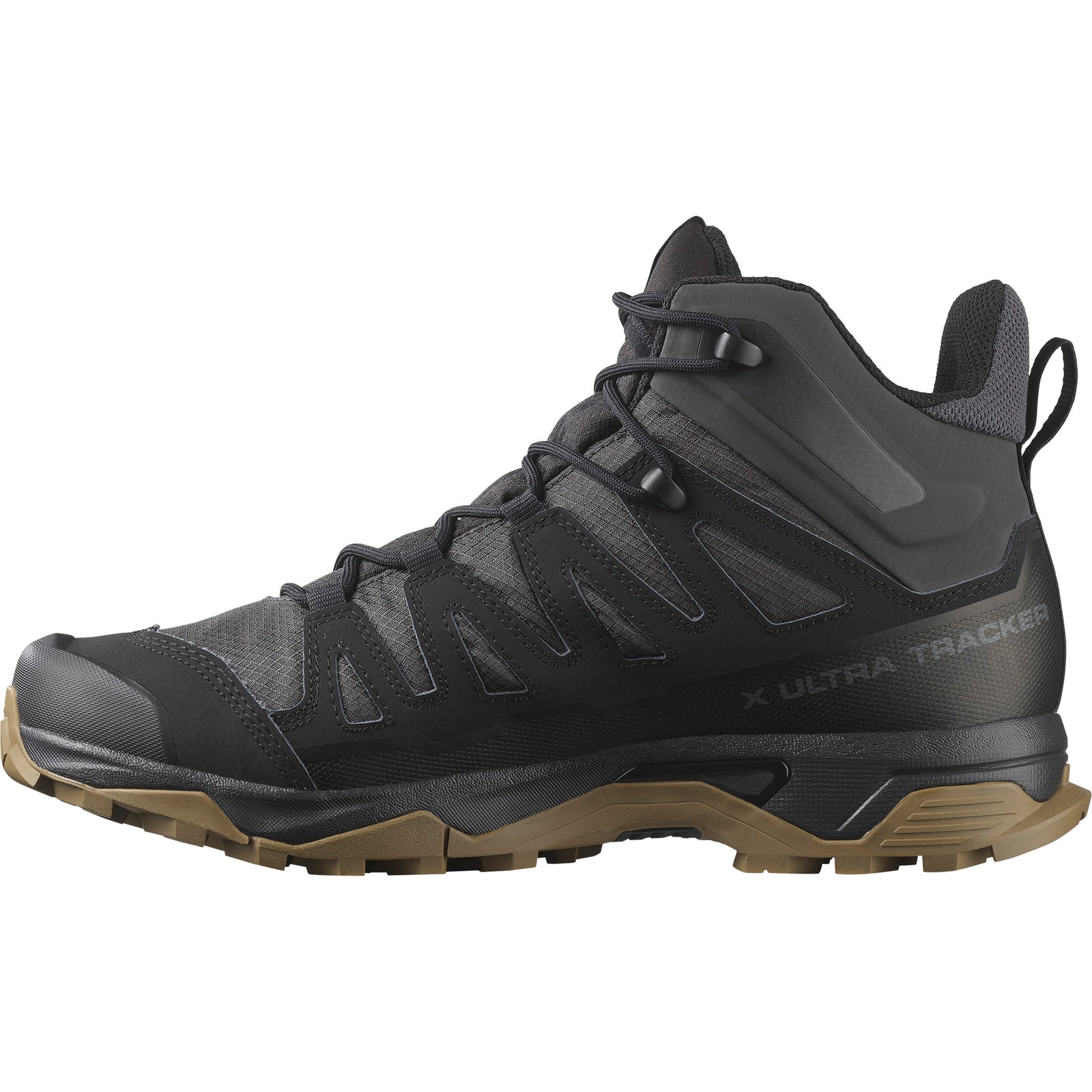 Der SALOMON TRACKER X ULTRA TRACKER GTX in Schwarz/Asphalt/Koyote hat eine robuste Sohle mit braunem Profil, Mesh-Einsätze, verstärkte Zehen- und Fersenpartie, Schnürverschluss, wasserdichten Gore-Tex-Schutz und den Schriftzug X Ultra Trackker" an der Seite.