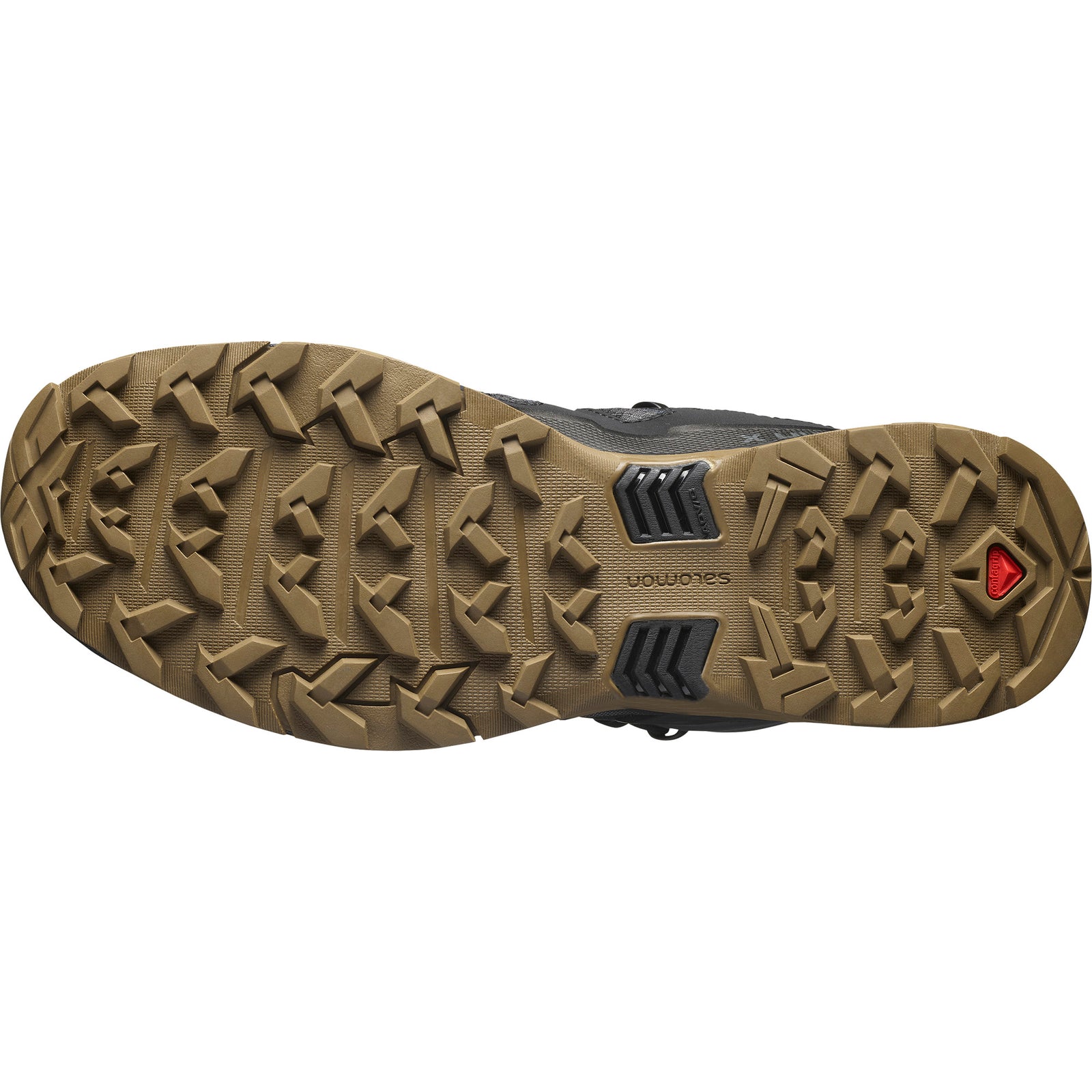 Die Abbildung zeigt die robuste, hellbraune Außensohle des SALOMON TRACKER X ULTRA TRACKER GTX - Black/Asphalt/Coyote, die ein tiefes, multidirektionales Profil und ein rotes Dreieck im Zehenbereich für zusätzliche Traktion und Stabilität aufweist.