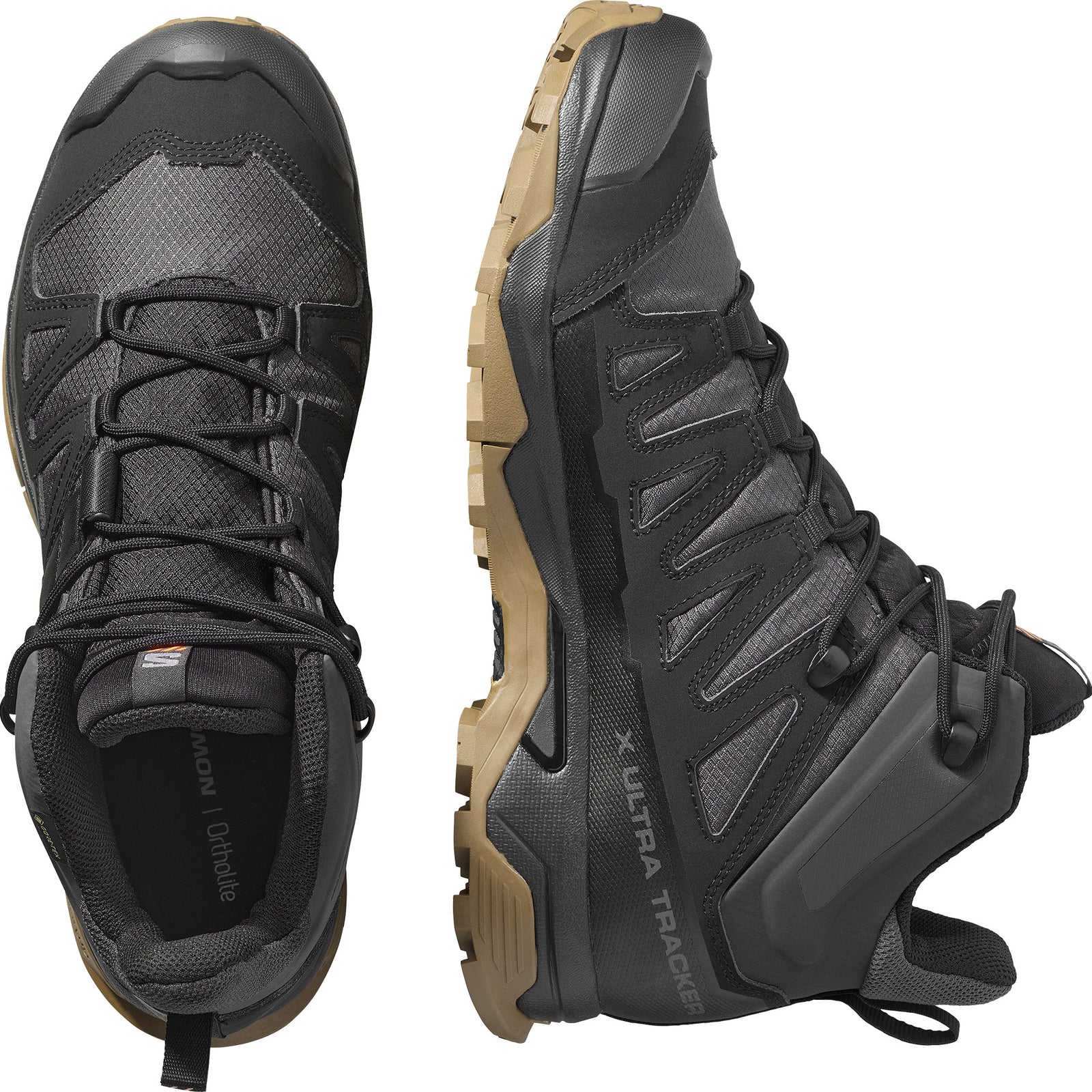 Ein Paar Salomon X ULTRA TRACKER GTX Wanderschuhe in Black/Asphalt/Coyote von SALOMON TRACKER sind von oben und von der Seite zu sehen. Sie verfügen über eine robuste Gore-Tex-Konstruktion, hellbraune Gummisohlen und das X Ultra Tracker-Label an der Seite.