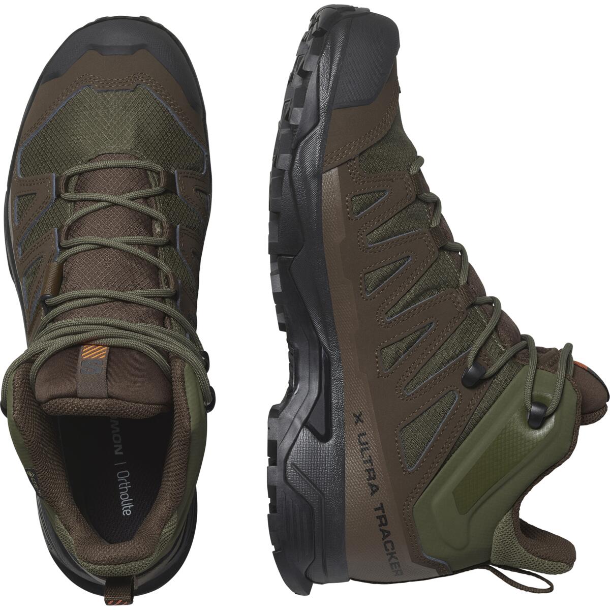 Ein Paar robuste Salomon X ULTRA TRACKER GTX - Green / Earth Brown Wanderstiefel von SALOMON TRACKER, von oben und von der Seite gezeigt, mit schwarzer Sohle, Schnürsenkeln, strapazierfähigen Textil-Overlays und einem sichtbaren "X Ultra Trekker"-Label.
