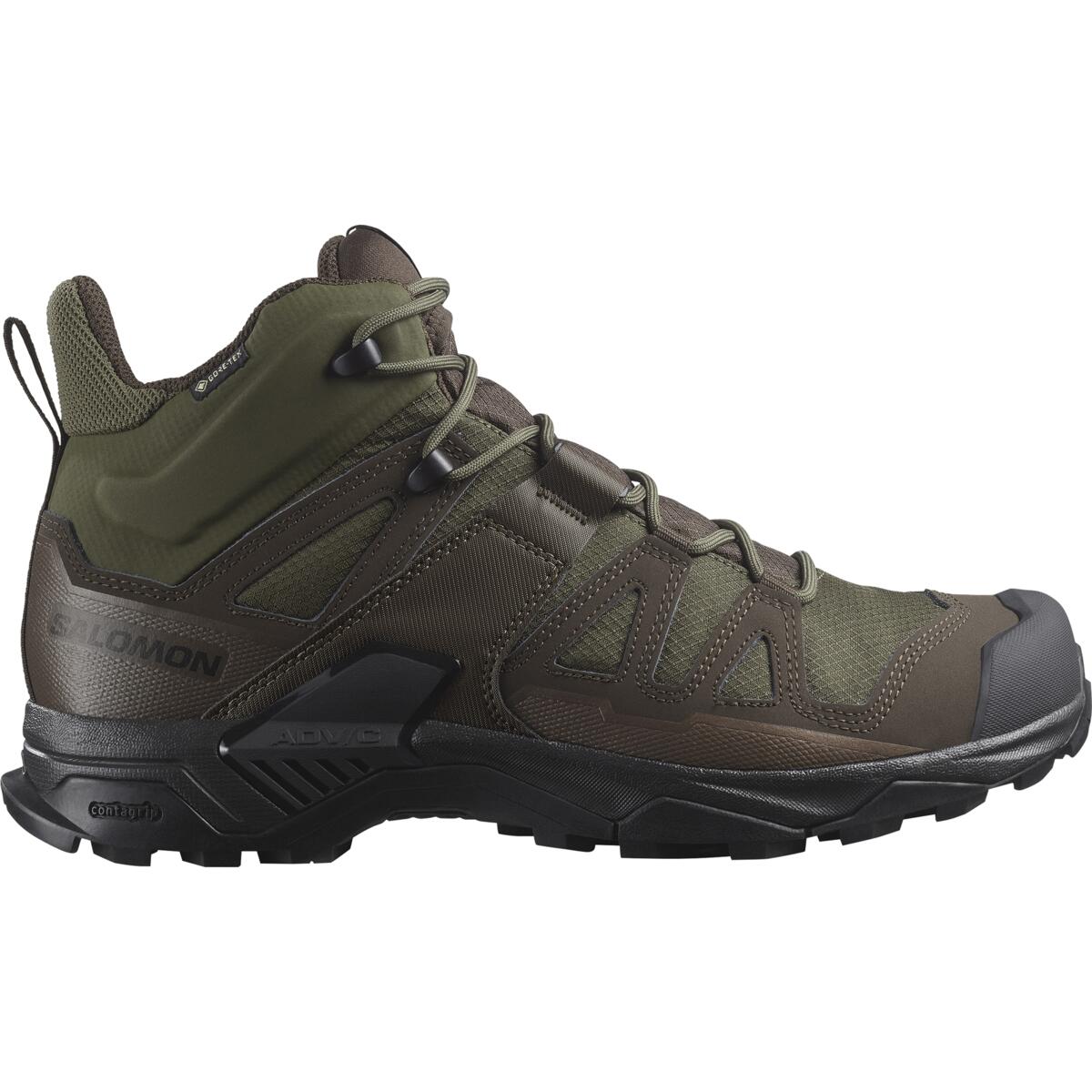 Der SALOMON TRACKER X ULTRA TRACKER GTX - Green / Earth Brown ist ein High-Top-Wanderschuh mit schwarzer, robuster Sohle, Mesh- und Synthetik-Overlays, sicherem Schnürsystem und verstärktem Zehenbereich, hier in der Seitenansicht.