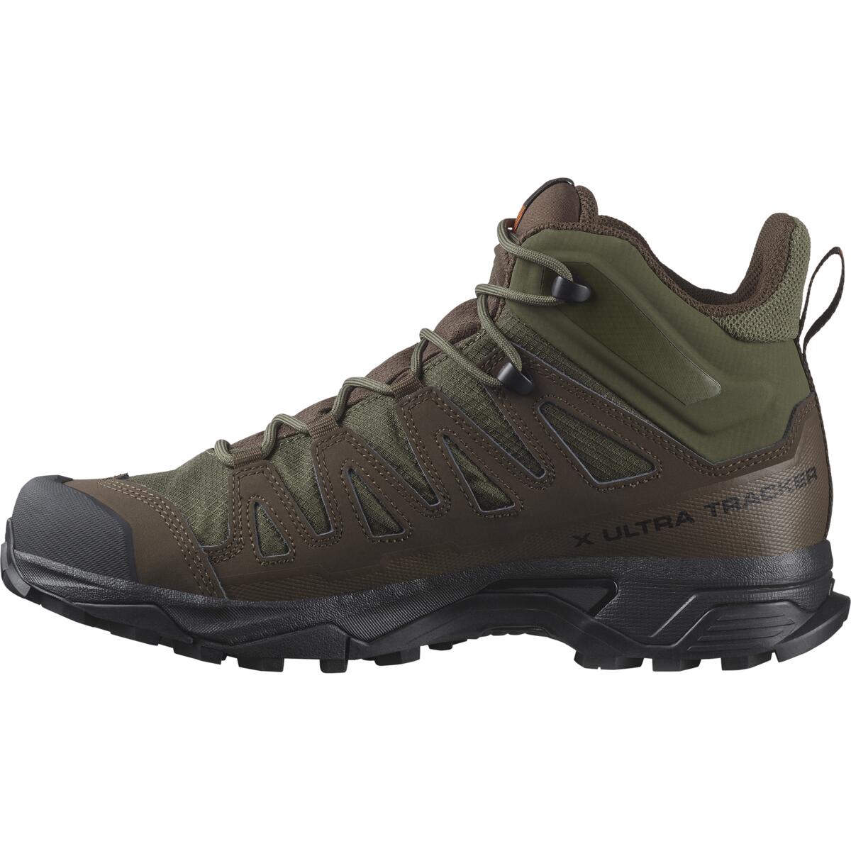 Eine Nahaufnahme der Salomon X ULTRA TRACKER GTX - Green / Earth Brown, Premium GORE-TEX Wanderschuhe von SALOMON TRACKER, gebaut für Outdoor-Abenteuer.