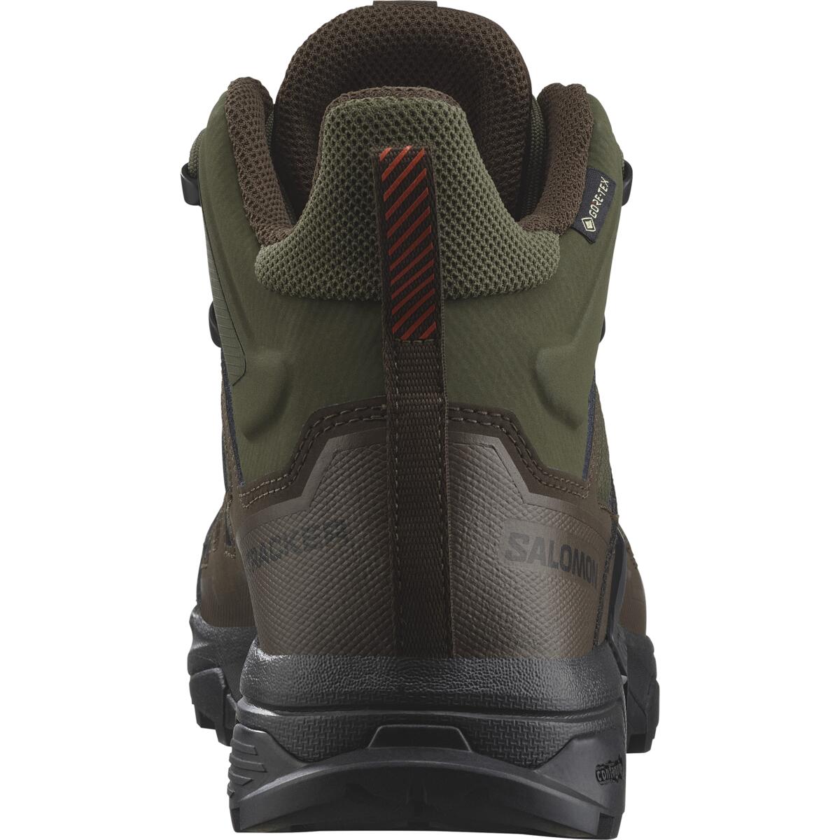 Eine Nahaufnahme des SALOMON TRACKER X ULTRA TRACKER GTX - Green / Earth Brown mit grünem und braunem Obermaterial, schwarzer Sohle, Mesh-Kragen, rot gestreifter Zugschlaufe und sichtbarem Salomon-Logo auf diesem GORE-TEX Wanderschuh.