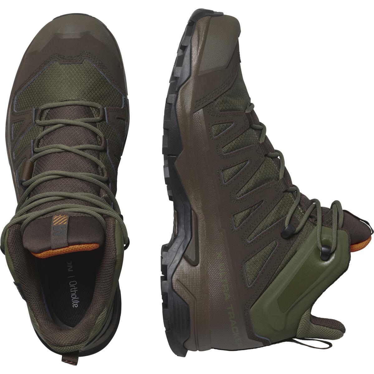 Die Salomon X ULTRA TRACKER GTX Wanderschuhe in Grün / Erdbraun / Orange von SALOMON TRACKER verfügen über robuste Sohlen, verstärkte Zehenkappen und Zuglaschen - ideale GORE-TEX Stiefel für Outdoor-Wanderabenteuer.