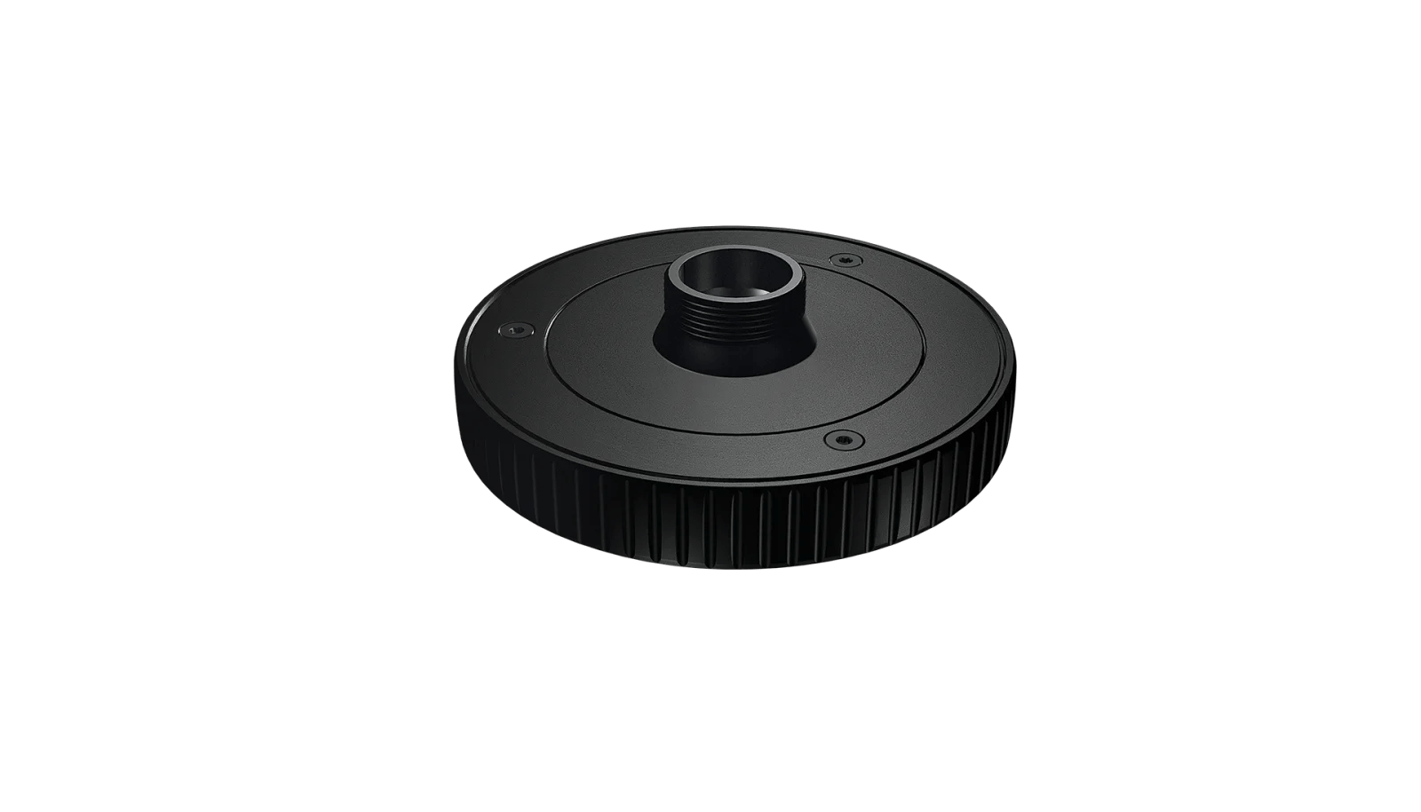 Ein schwarzes, kreisrundes, geriffeltes mechanisches Bauteil mit zentraler Gewindebohrung und zwei sichtbaren Schrauben - ähnlich dem SWAROVSKI OPTIK Swarovski AR-B Adapterring Ferngläser/BTX - wird auf einem schlichten hellen Hintergrund gezeigt.