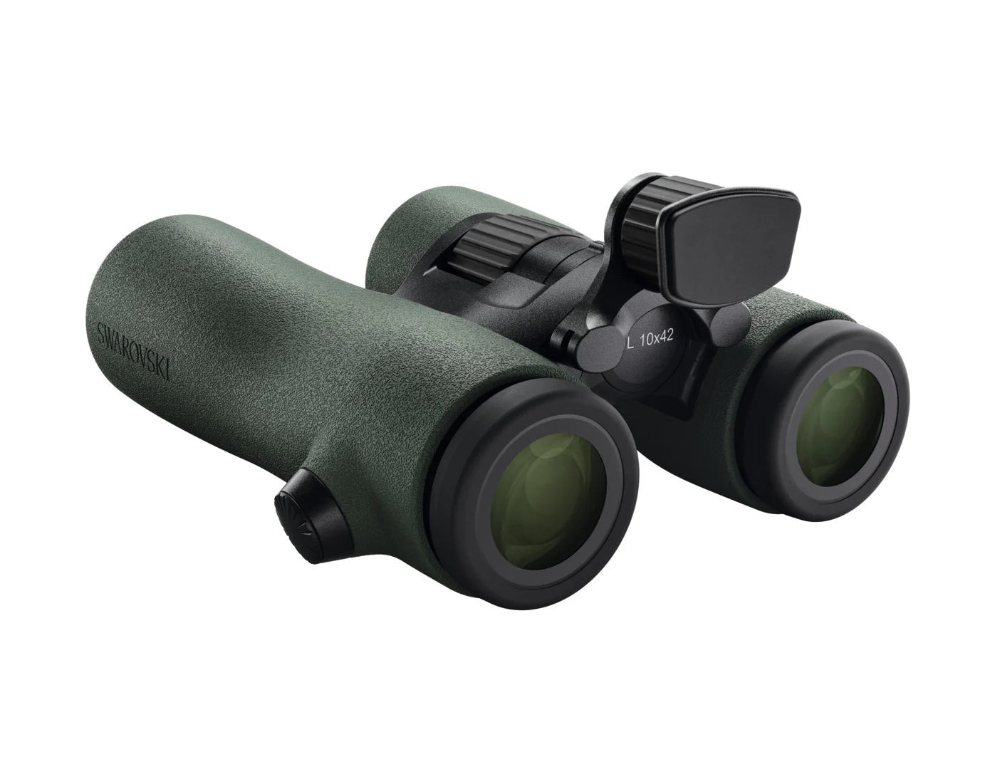Ein grünes SWAROVSKI OPTIK NL Pure Fernglas mit schwarzen Akzenten und großen Okularen, abgebildet auf weißem Hintergrund - perfekt zur Verwendung mit der Swarovski FRP Stirnstütze NL Pure für verbesserte Stabilität.
