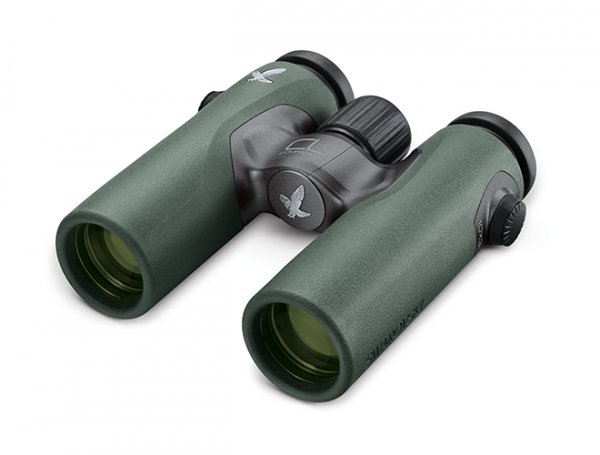 Das SWAROVSKI OPTIK Fernglas CL Companion 8x30 B, in grün mit schwarzen Okularen und einem silbernen Vogellogo auf jedem Tubus, liegt auf einem weißen Hintergrund.