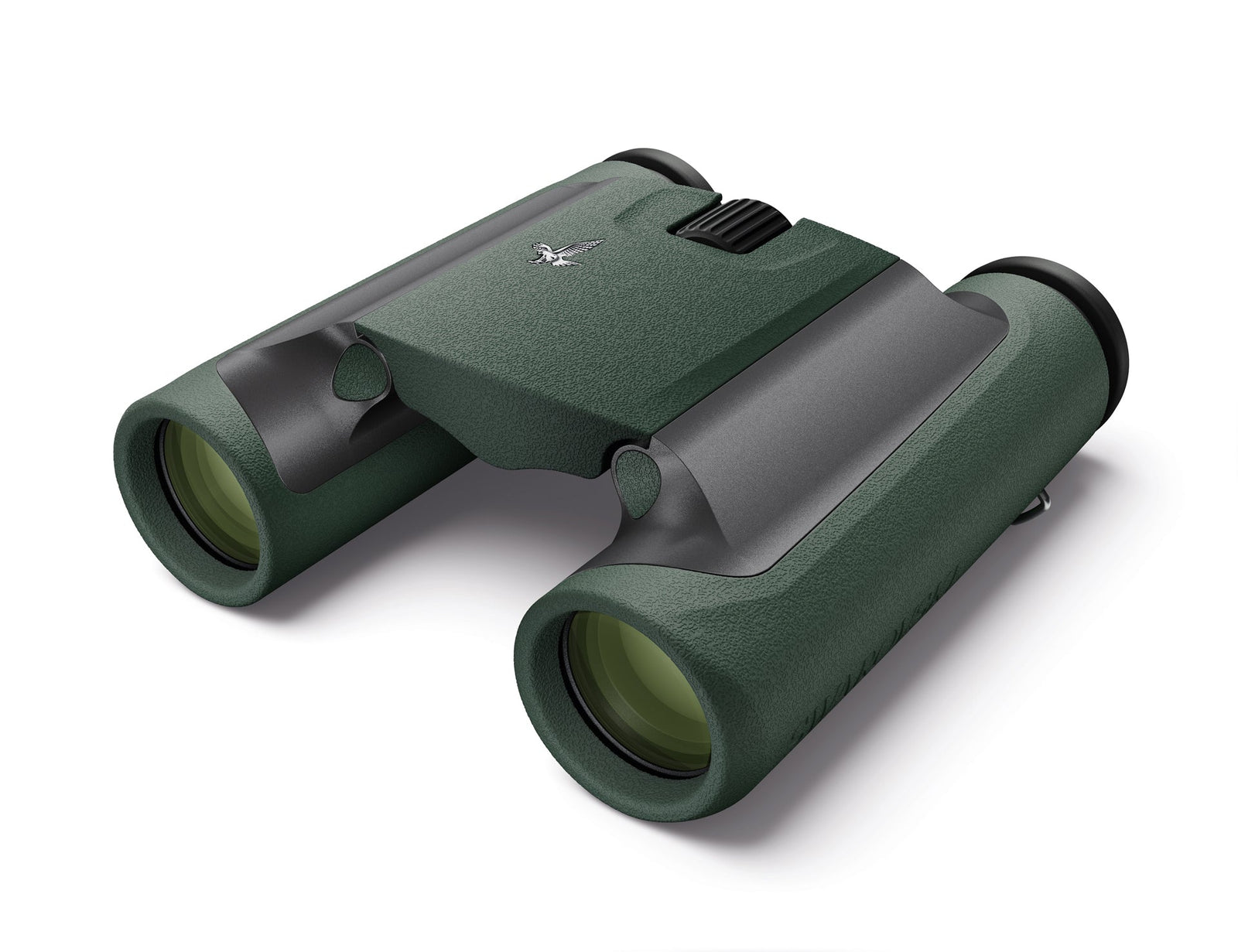 Das SWAROVSKI OPTIK Fernglas CL Pocket 10x25 besticht durch sein grün-graues Design mit strukturiertem Gummigriff, grün beschichteten Objektivlinsen, einem zentralen Fokussierrad und einem Adler-Logo auf der Oberseite, das auf weißem Hintergrund dargestellt ist.