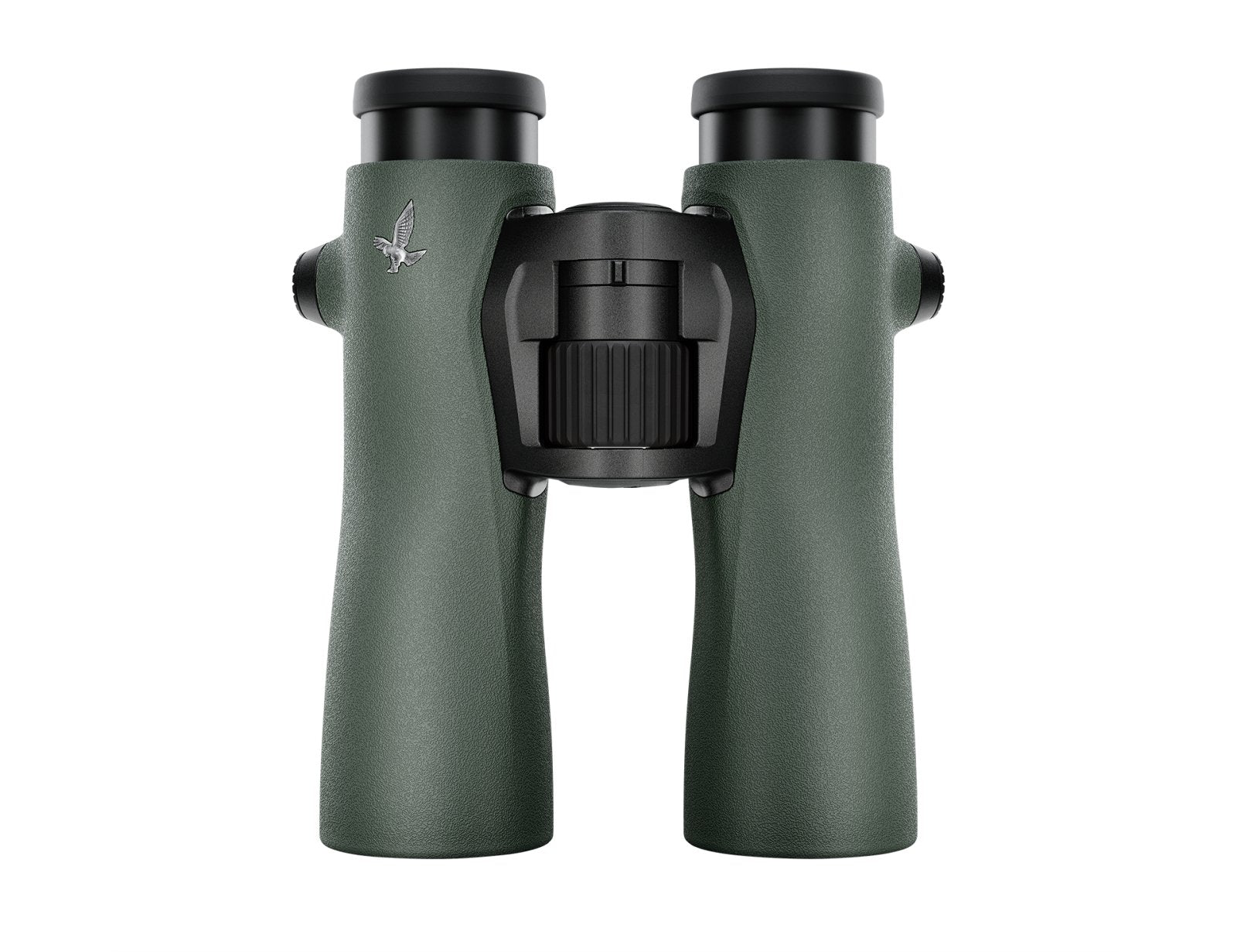 Ein grünes SWAROVSKI OPTIK NL Pure 8x42 Fernglas mit schwarzen Okularen und einem zentralen Fokussierknopf, von vorne gesehen. Auf der linken Seite erscheint ein kleines Vogellogo, das dieses hochwertige Swarovski Fernglas hervorhebt.