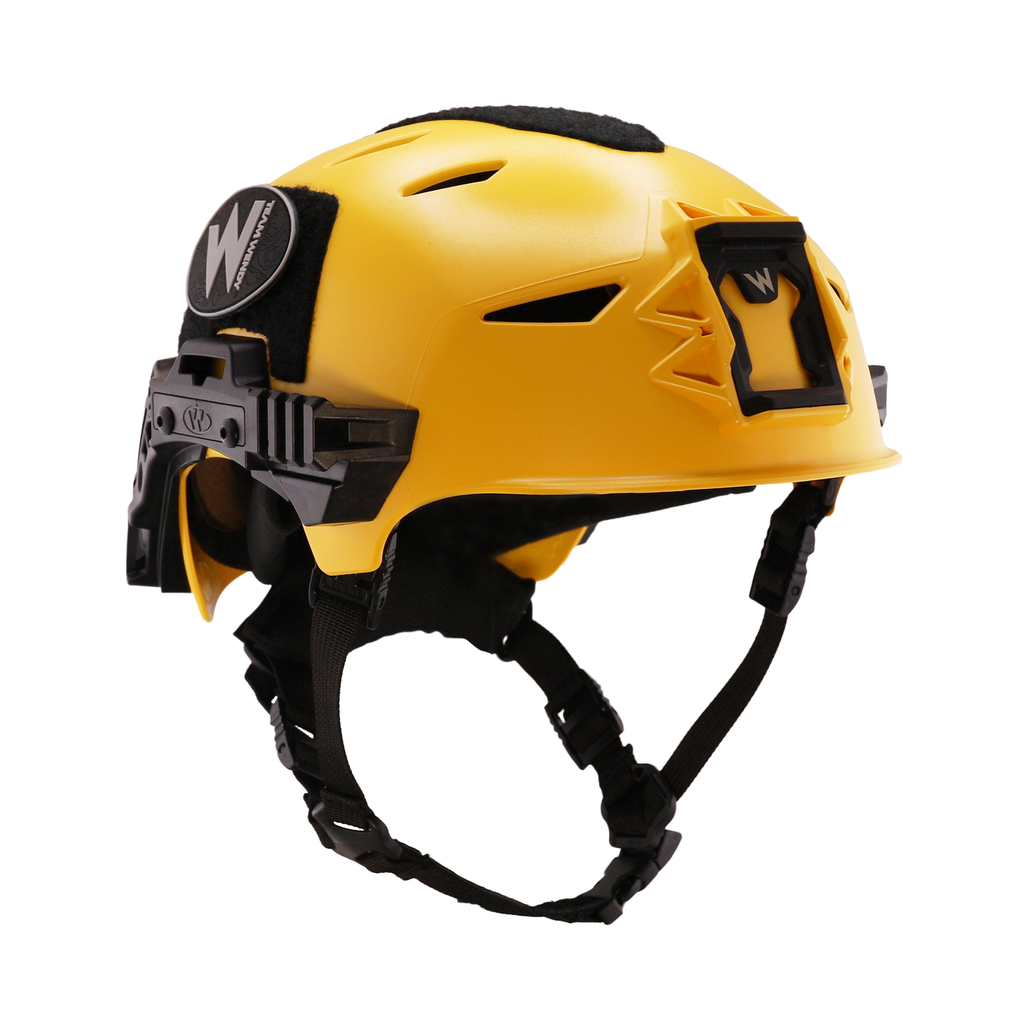 Der Team Wendy Schutzhelm EXFIL Maritime Rescuer in Gelb verfügt über schwarze Kinnriemen, seitliche Schienenhalterungen, Brillenclips, Klettverschlusspolsterung, Belüftungsöffnungen, einen W-Logoaufnäher in Weiß und erfüllt die EN 1385-Norm. Marke: TEAM WENDY.