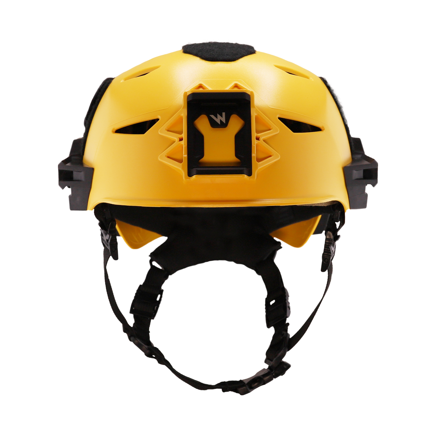 Der TEAM WENDY Team Wendy Schutzhelm EXFIL Rescuer - Yellow verfügt über schwarze Gurte und eine Frontbefestigung für Zubehör, konzipiert für Such- und Rettungseinsätze, dargestellt von vorne auf weißem Hintergrund.