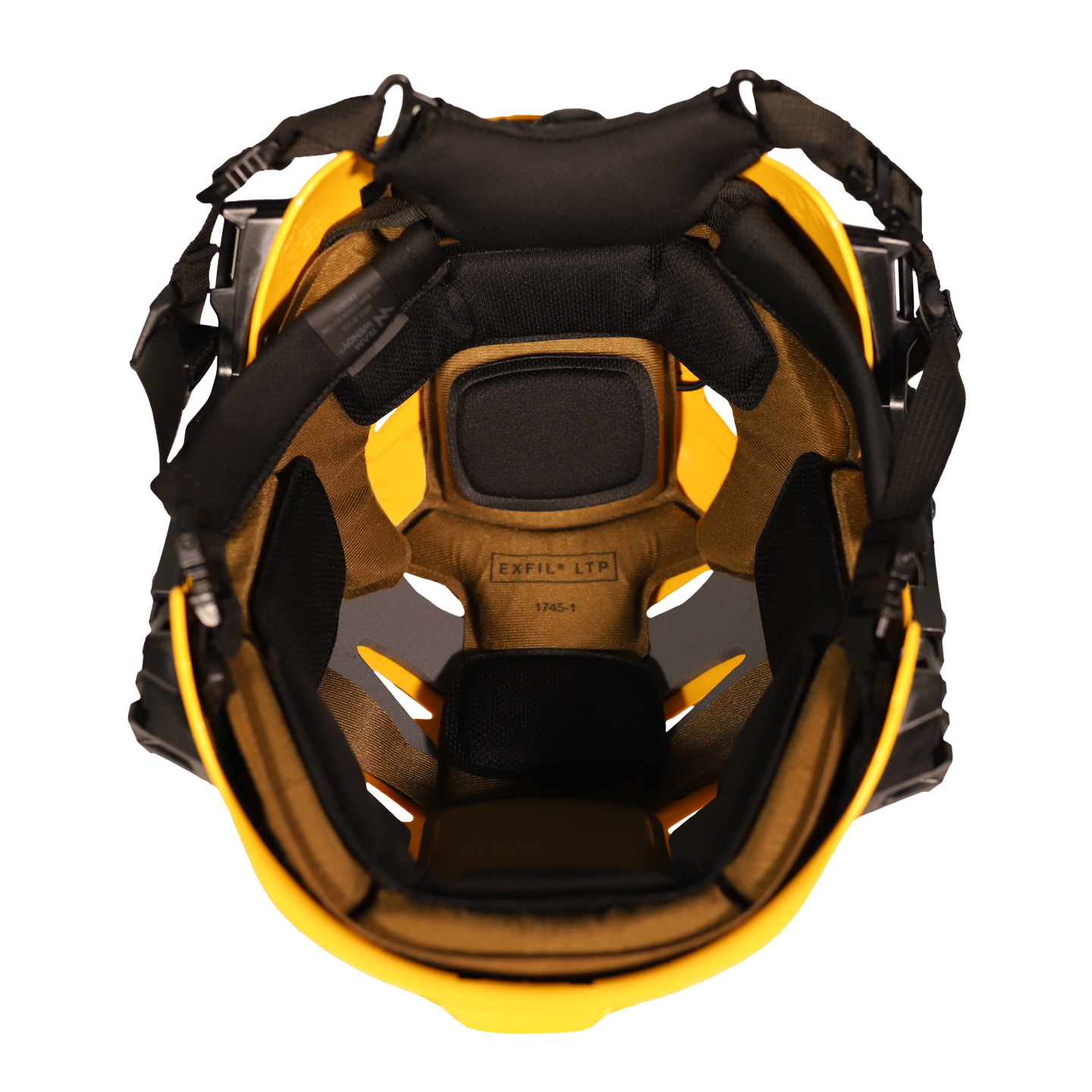 Draufsicht auf den Team Wendy Schutzhelm EXFIL Rescuer - Yellow interior von TEAM WENDY mit schwarzer und brauner Polsterung, verstellbaren Trägern, Belüftungslöchern und einem Etikett - ideal für Rettungseinsätze.
